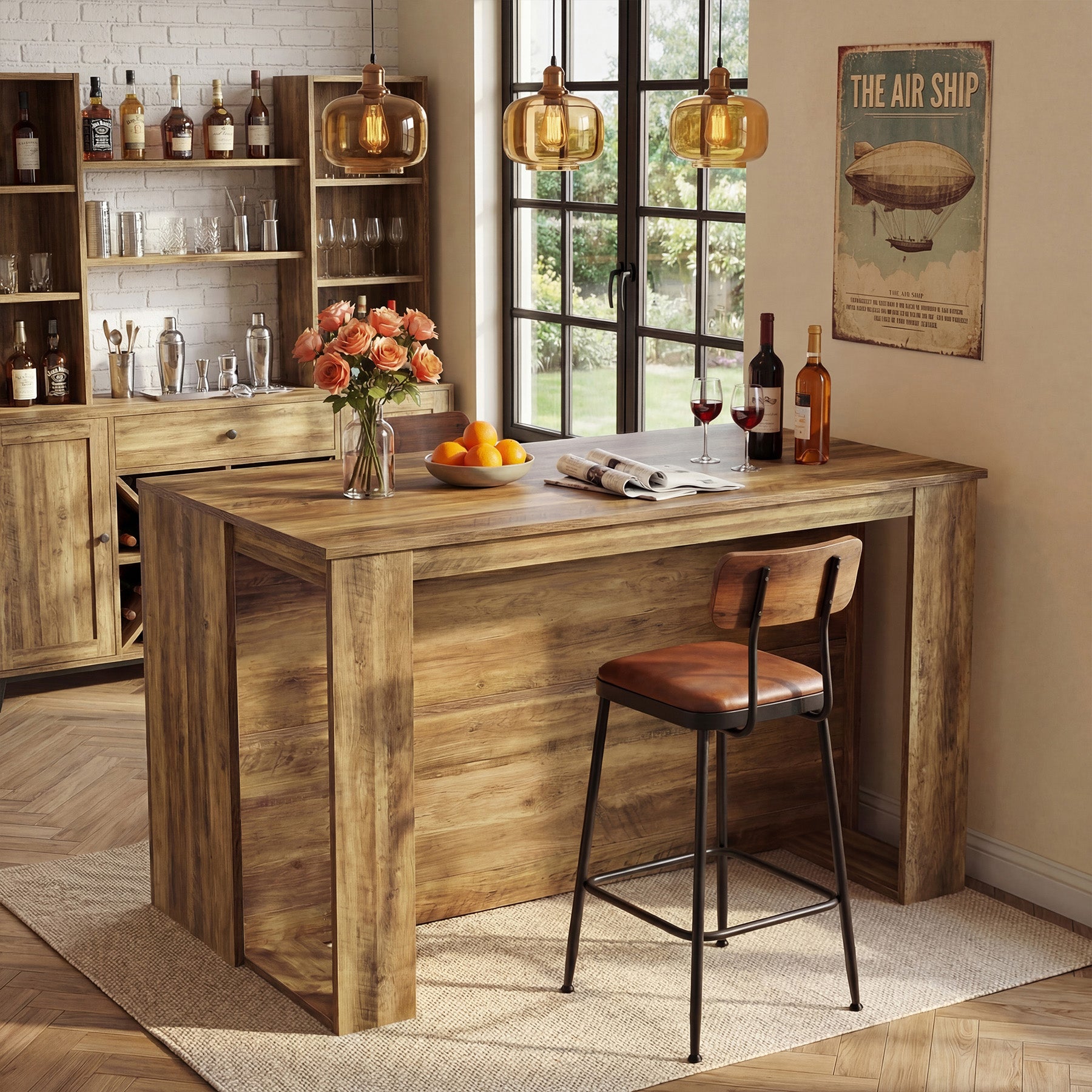 55" Bar Table, High Top Large Home Bar Unit Table with 2-Tier Shelves