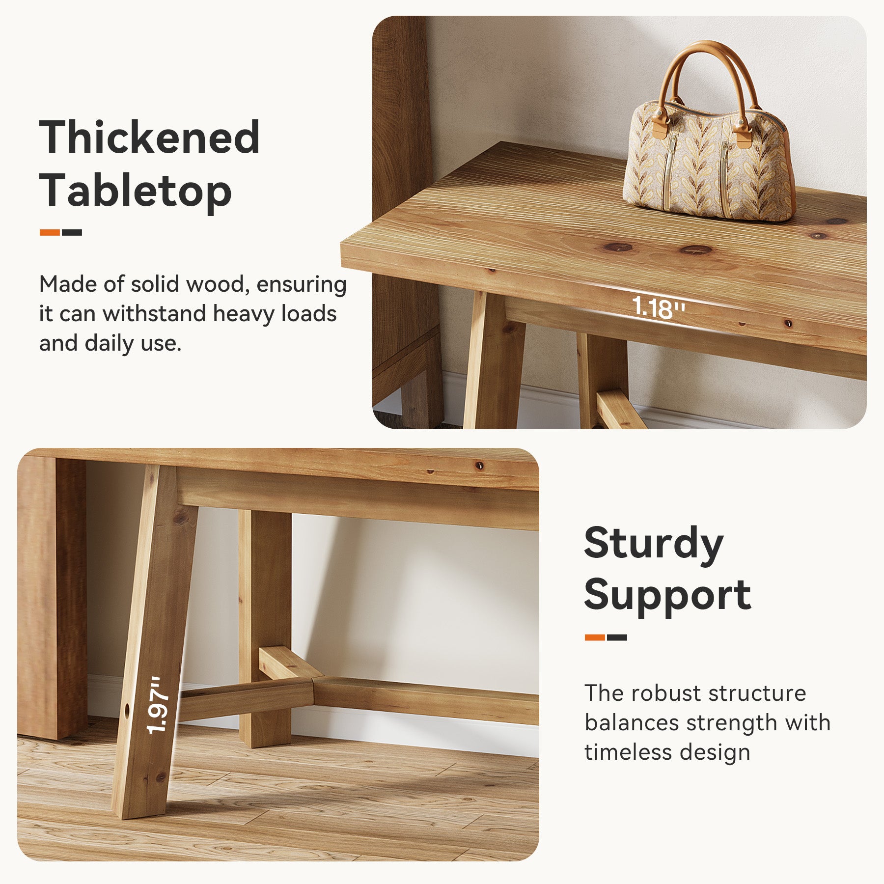 55" Solid Wood Bench, Farmhouse Long Bench Seat for Entryway