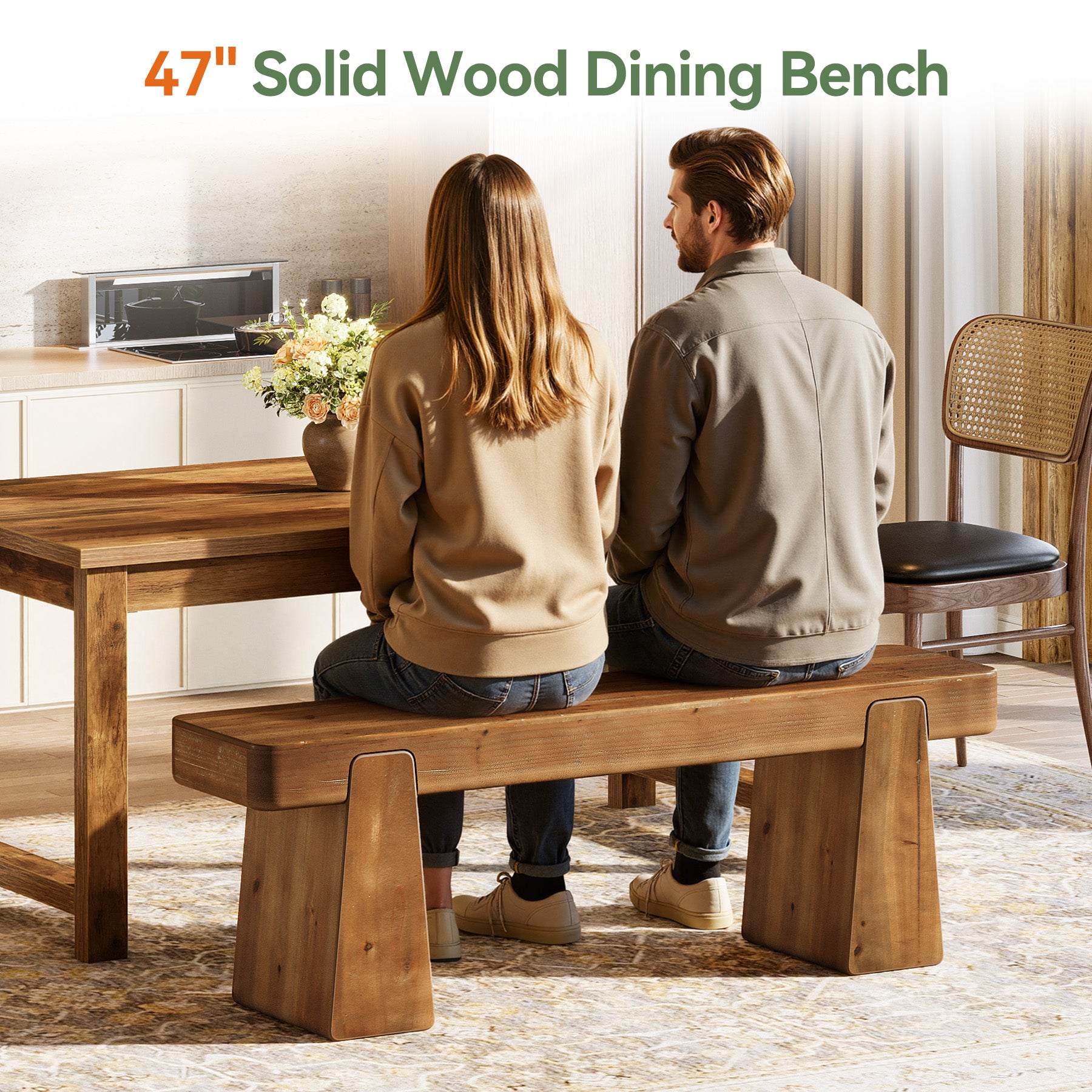 47" Solid Wood Dining Bench, Farmhouse Dining Table Bench for 2-3