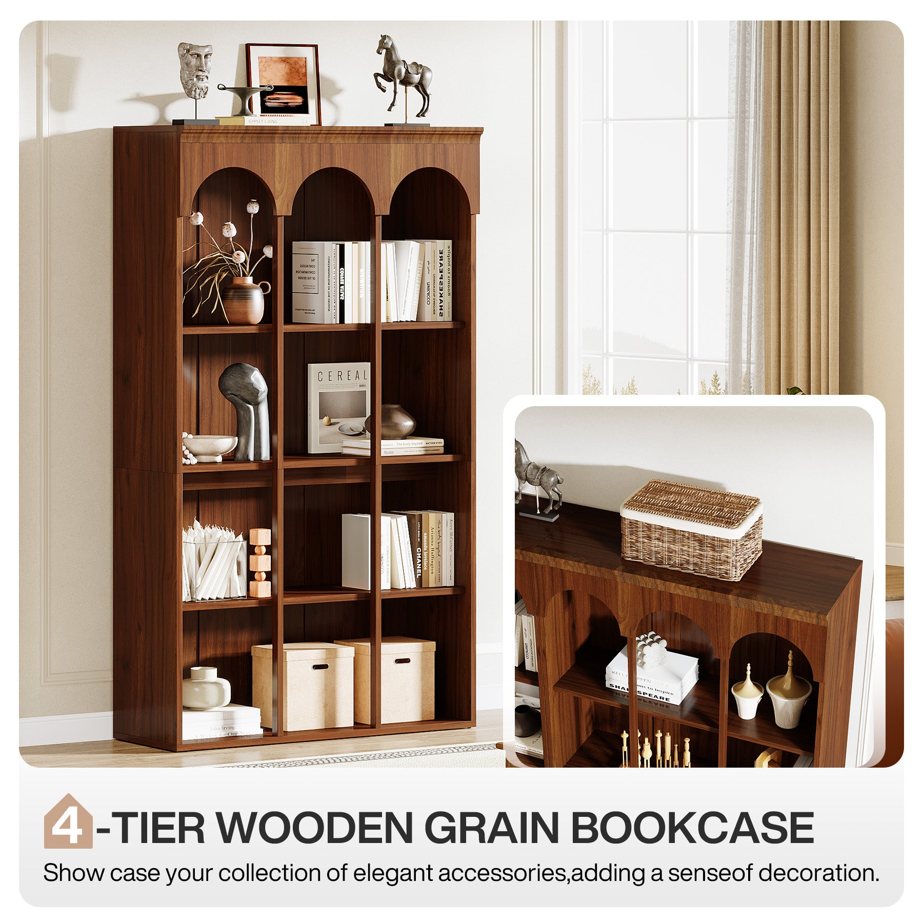 71" Tall Arched Bookshelf, 5-Tier Freestanding Bookcase Display Rack