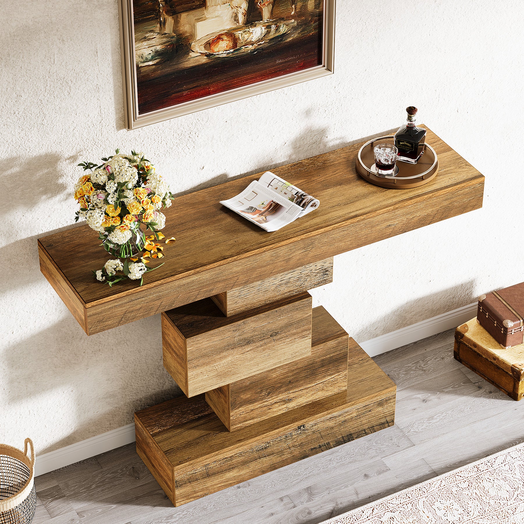 42.5" Rustic Brown Farmhouse Console, Industrial Geometric Sofa Table for Hallway Entrance