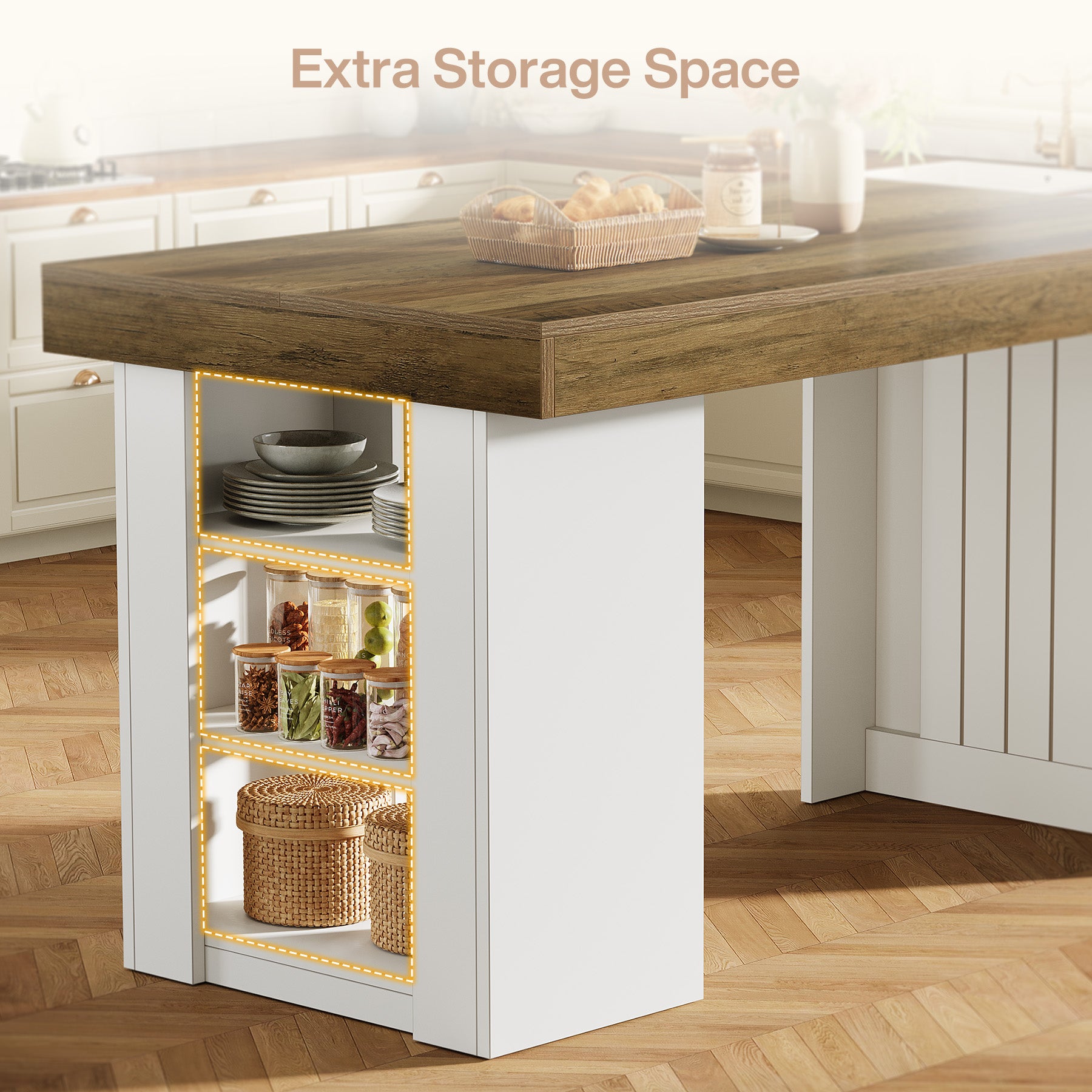 55" Kitchen Island with Storage, Farmhouse Stationary Island Table for Kitchen