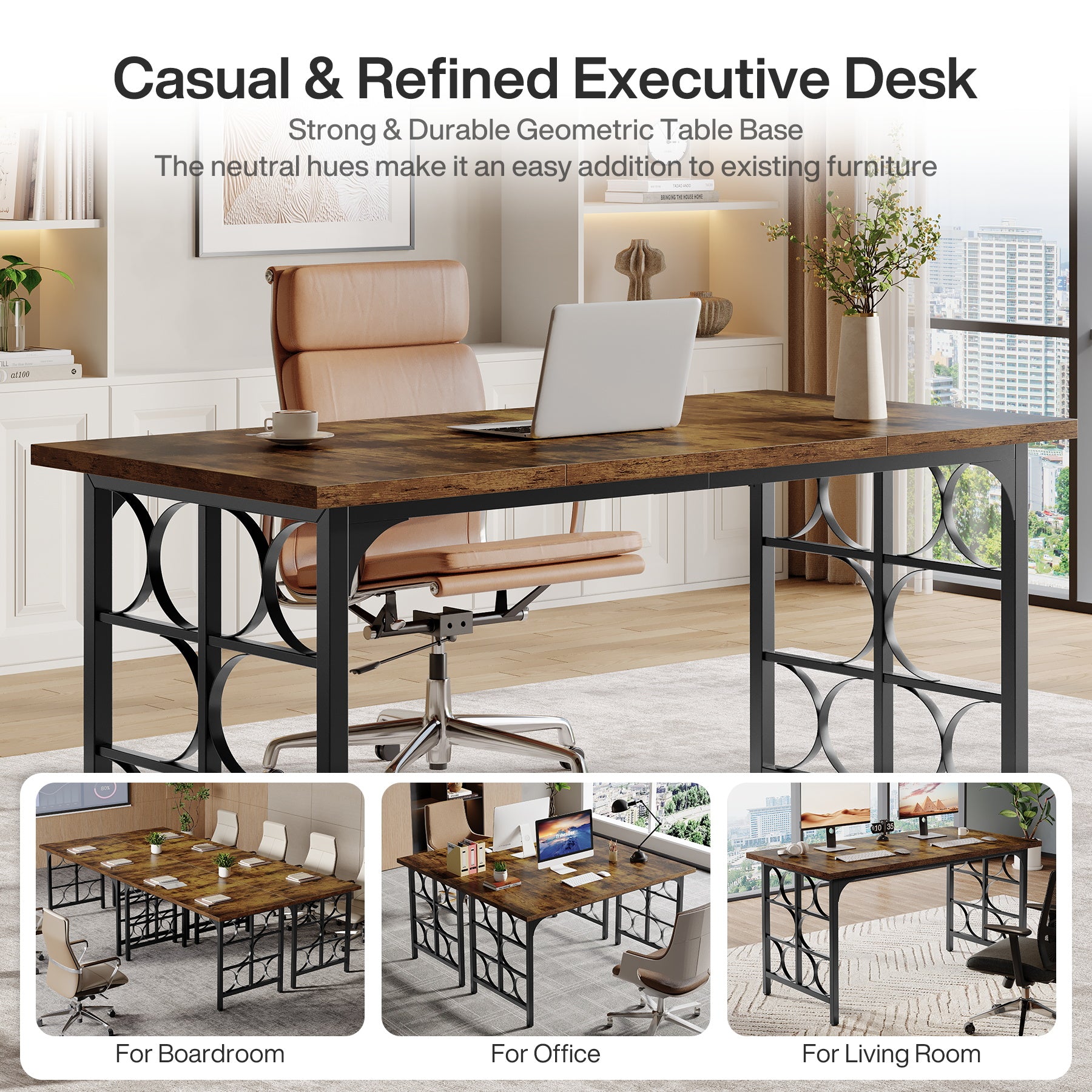 Industrial Computer Desk, 55" Rectangle Executive Desk with Metal Legs