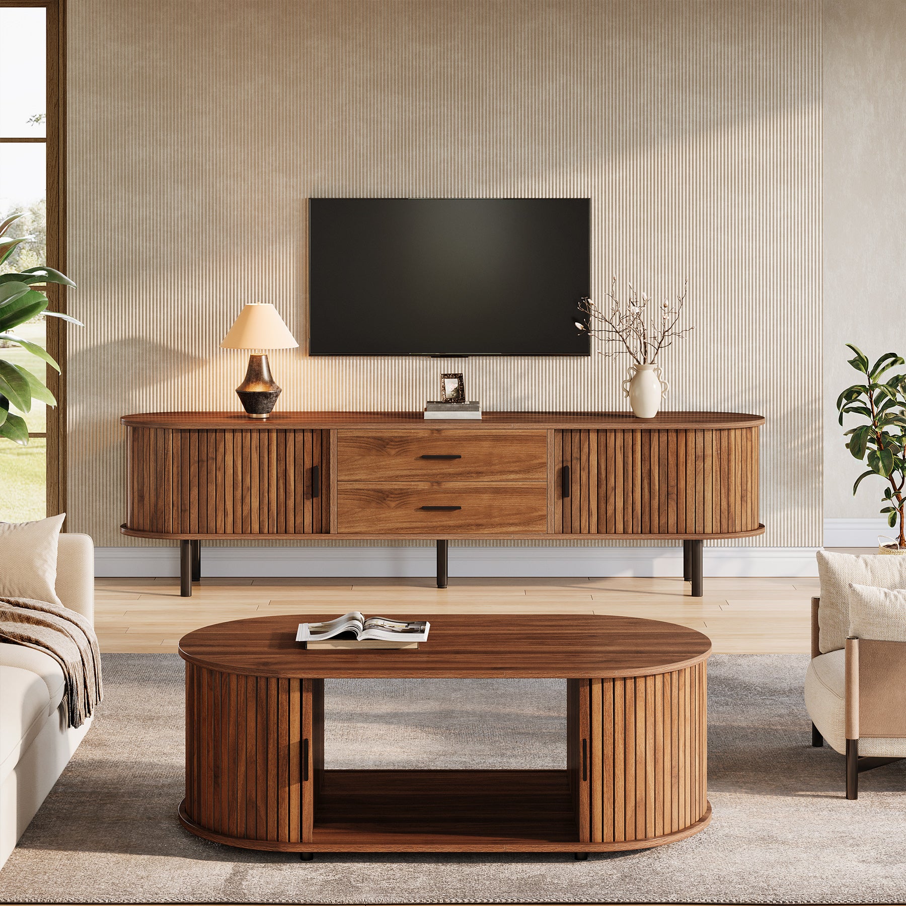 70" TV Stand, Modern Media Console with Storage and Sliding Tambour Door