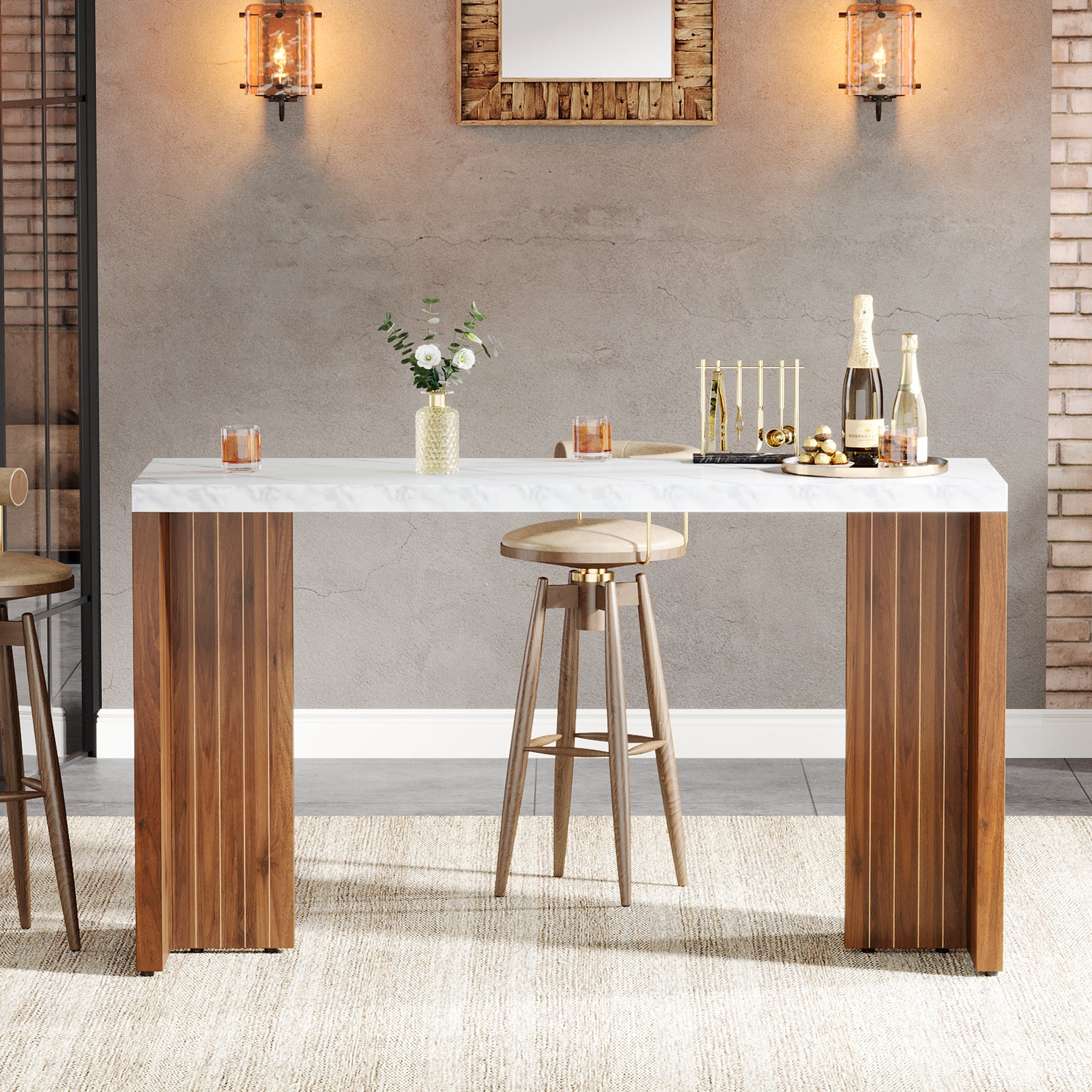 55" Bar Table, Moedern Counter Height Pub Table with Faux Marble Tabletop