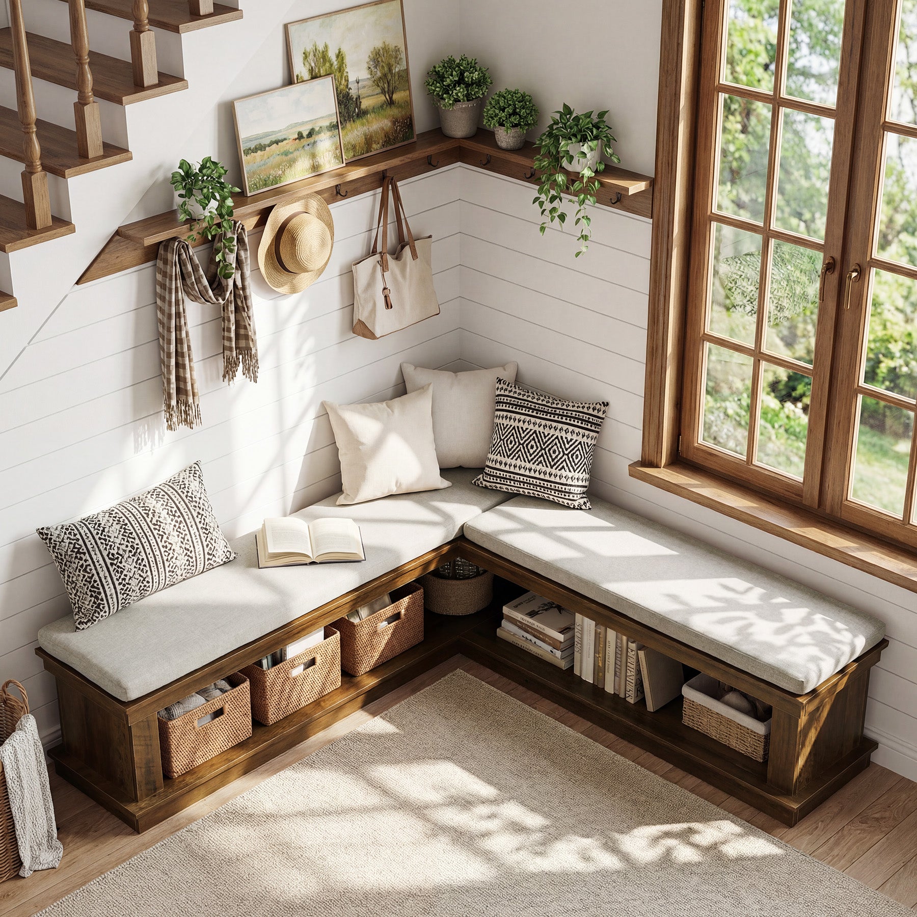L-Shaped Storage Bench with Cushion, 63" Entryway Shoe Bench with Open Shelves