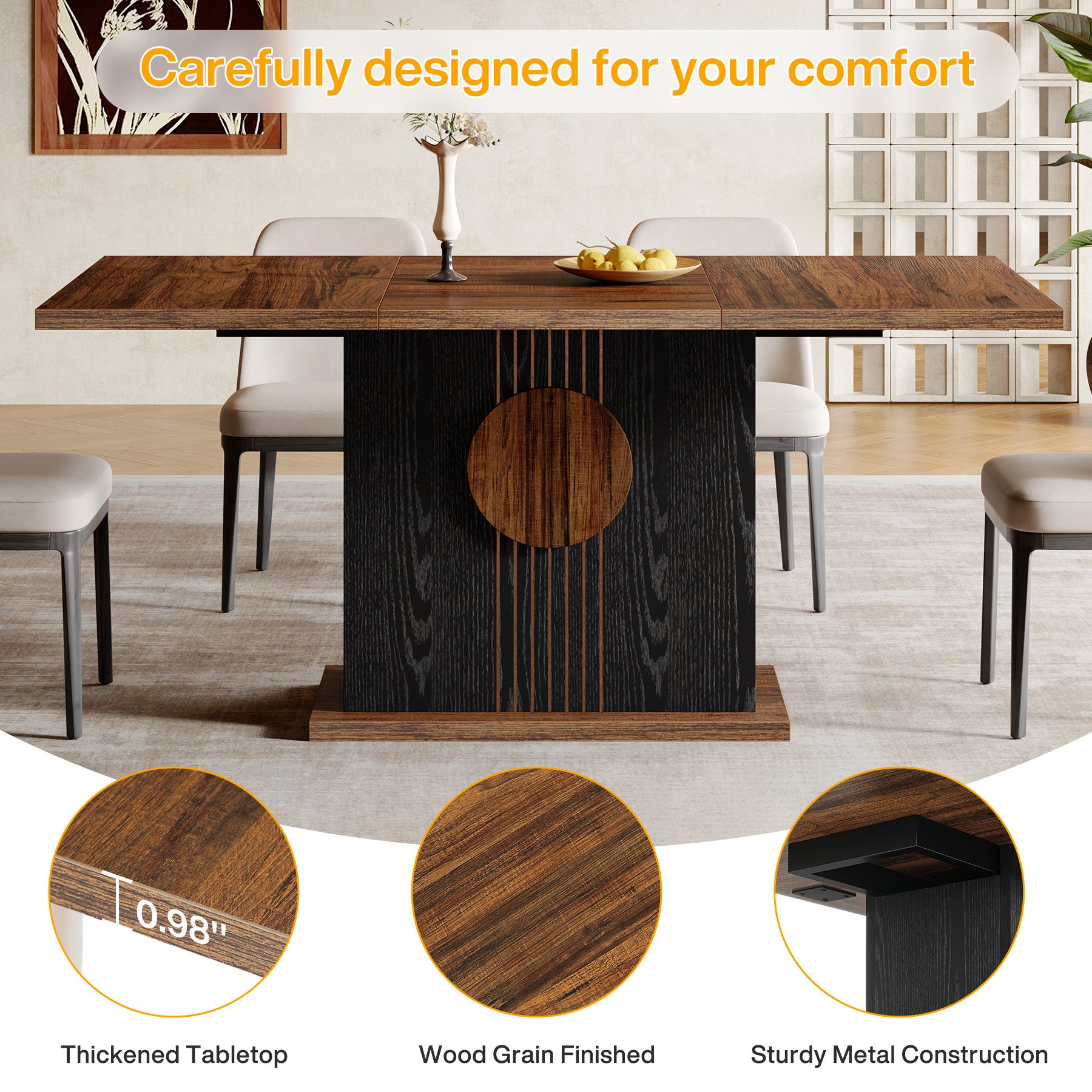 55" Rectangular Dining Table for 4–6 People, Farmhouse Wood Kitchen Table