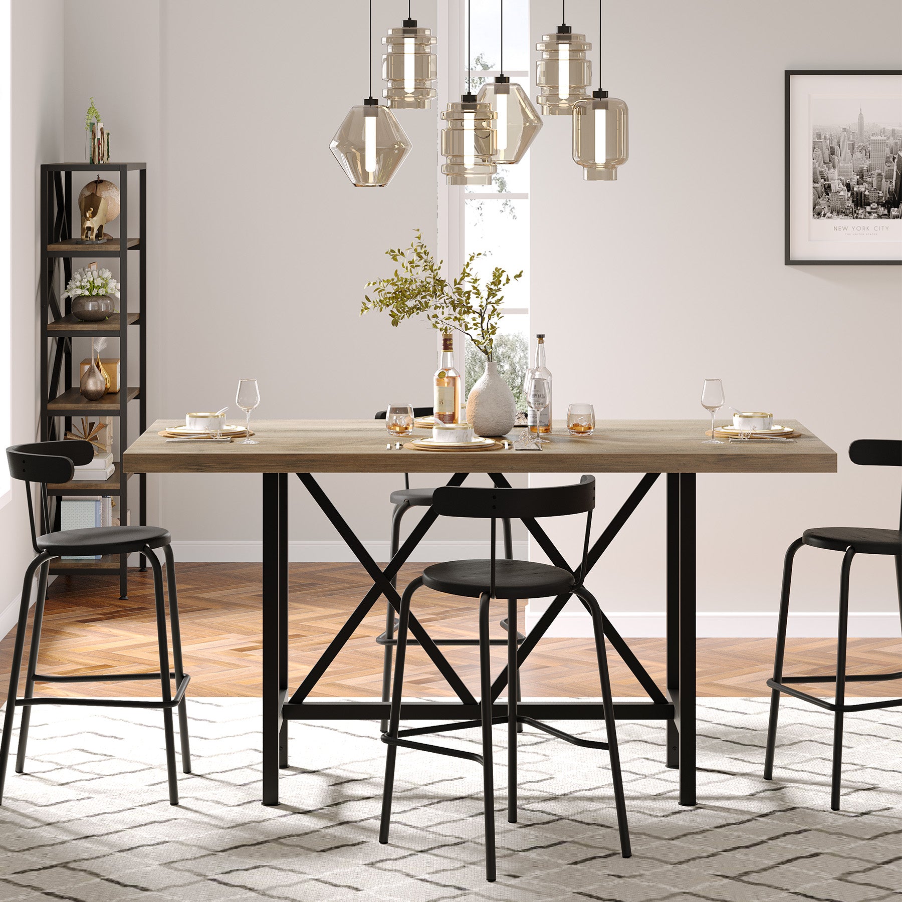 63" Rectangular Dining Table for 6, Counter-Height Kitchen Table with Metal Legs