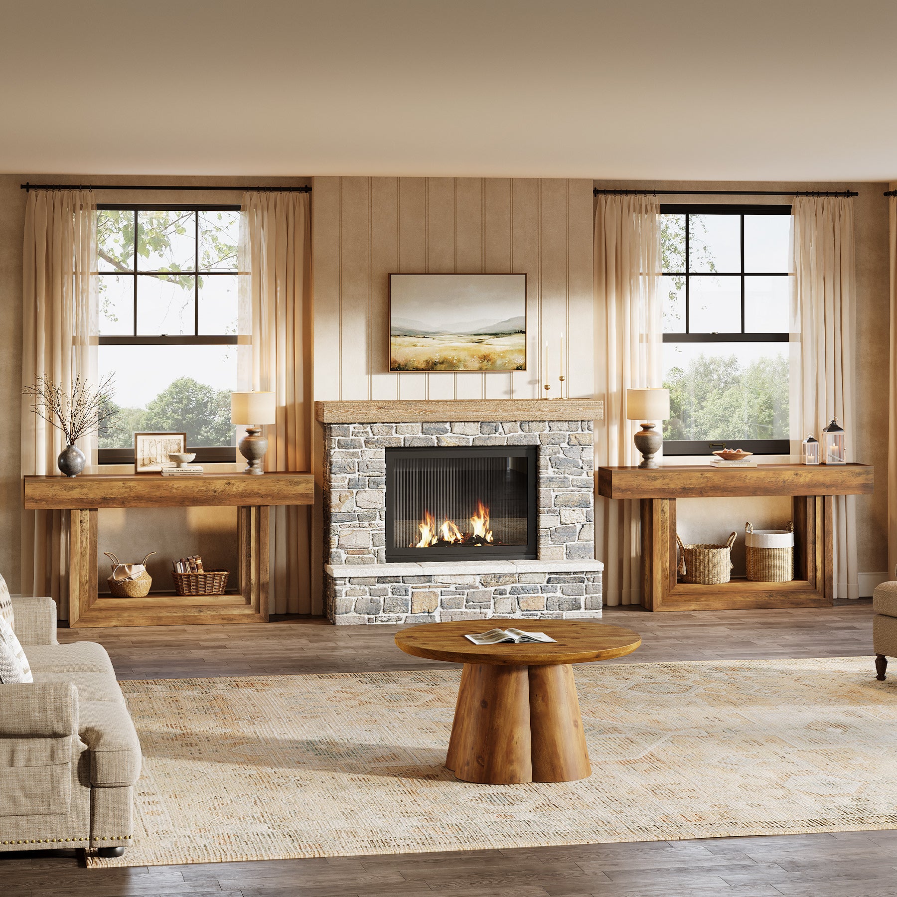 63” Narrow Console Table with 2-Tier Storage, Farmhouse Entryway Table Behind Couch