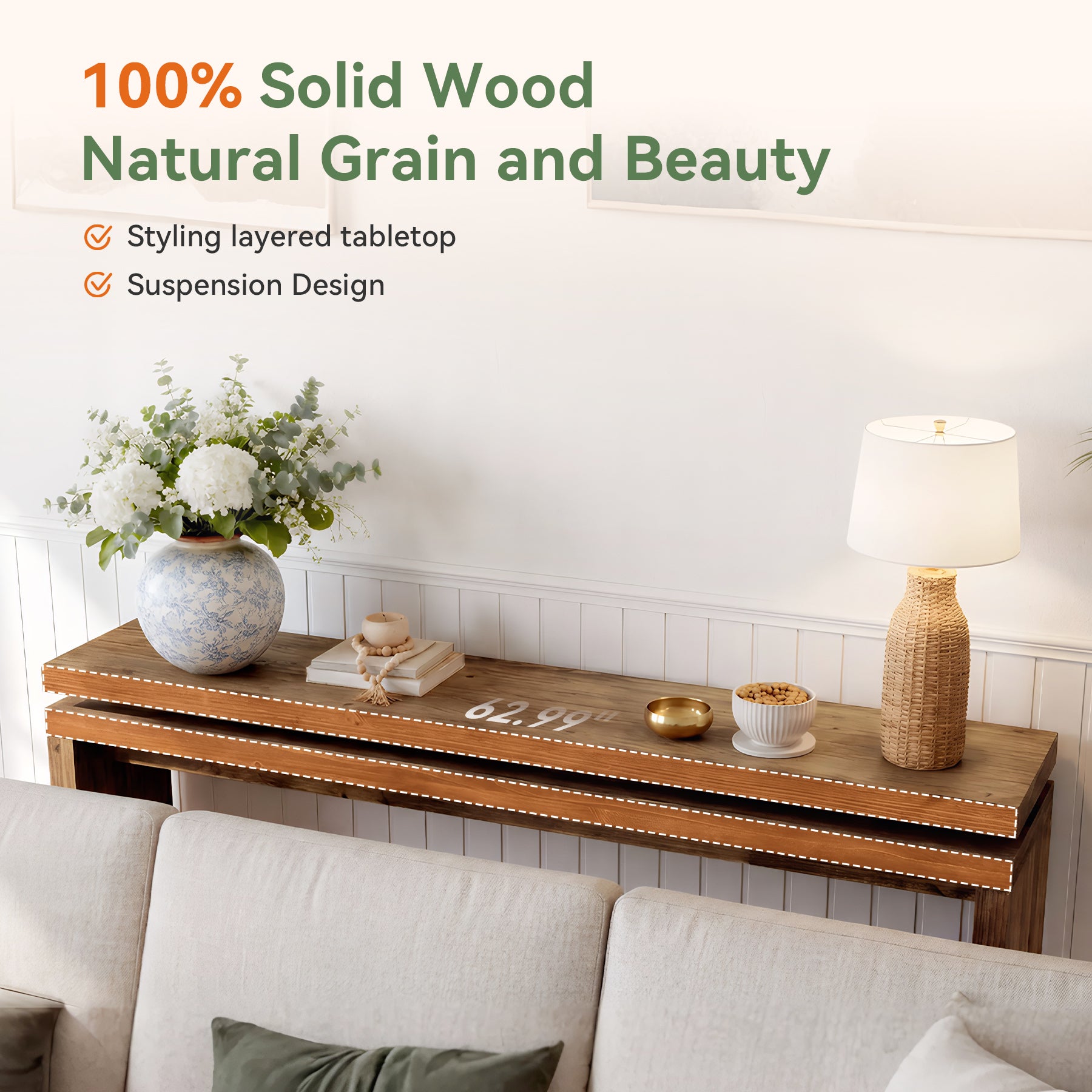 Solid Wood Console Table, 63" Farmhouse Sofa Table Behind Couch for Entryway