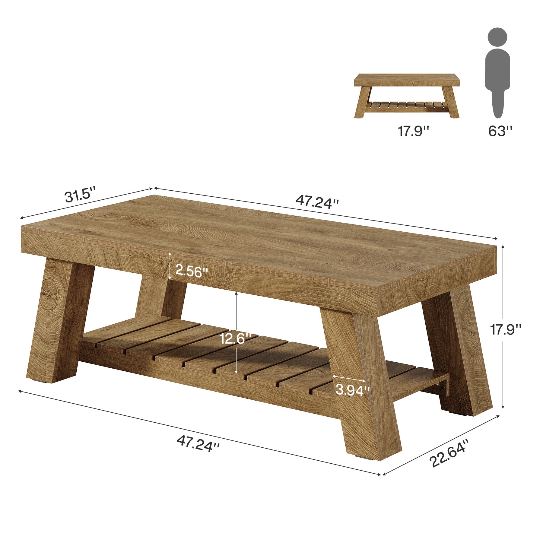 Rectangular Coffee Table, 47.24" Farmhouse Center Table with 2-Tier Storage