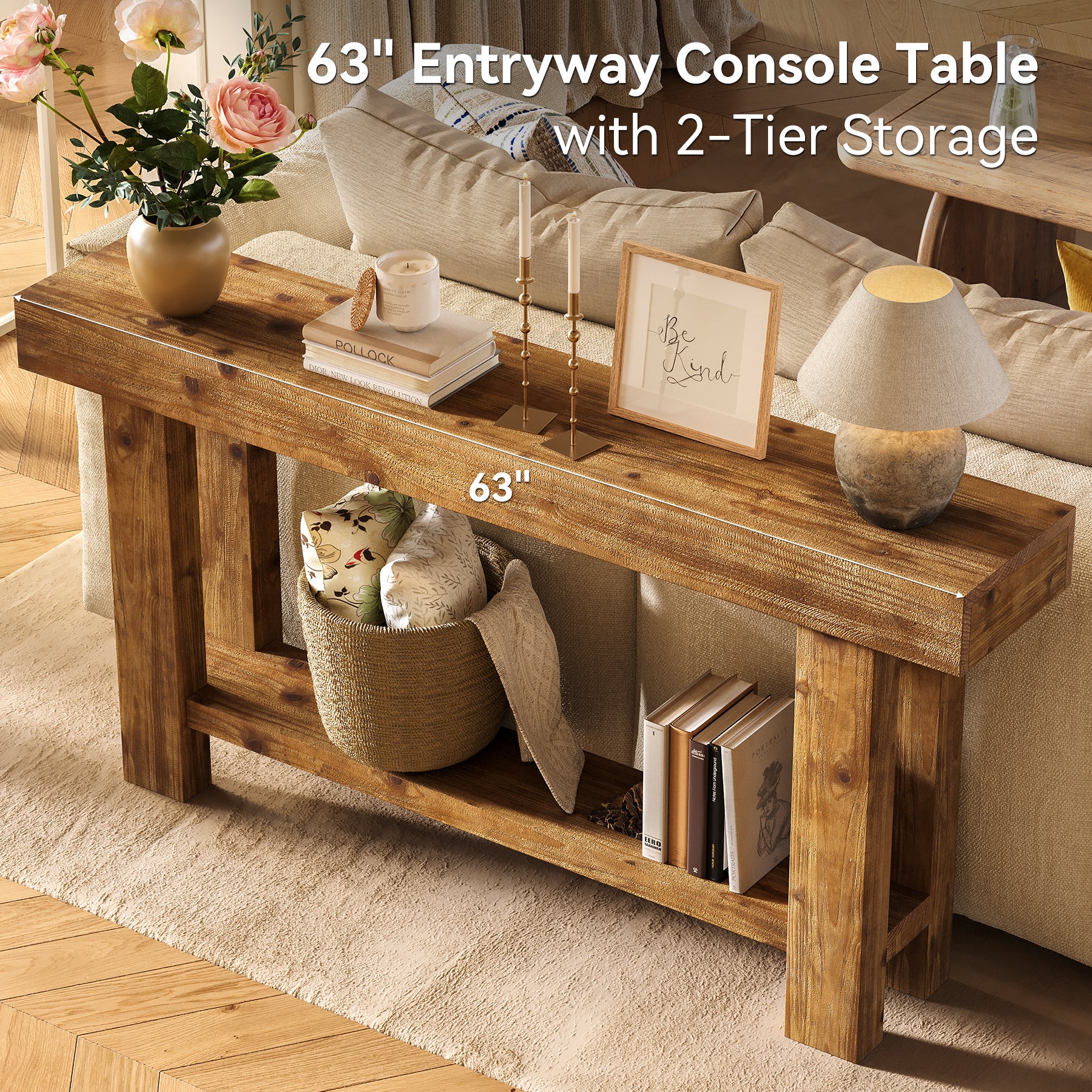 63" Solid Wood Console Table, 2-Tier Narrow Entryway Sofa Table