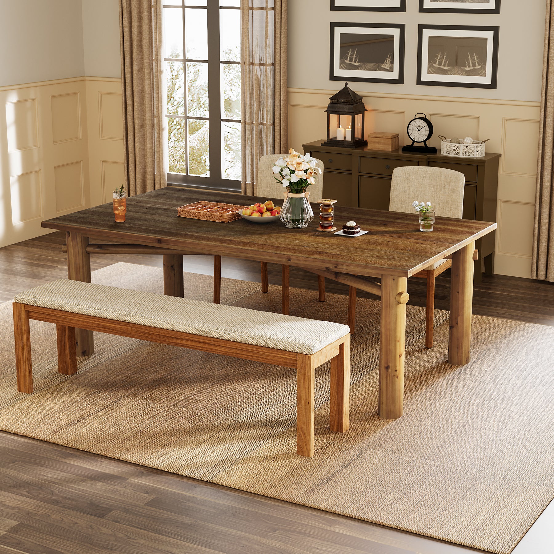 Solid Wood Dining Table for 6, 63" Rectangle Kitchen Table with Strong Legs