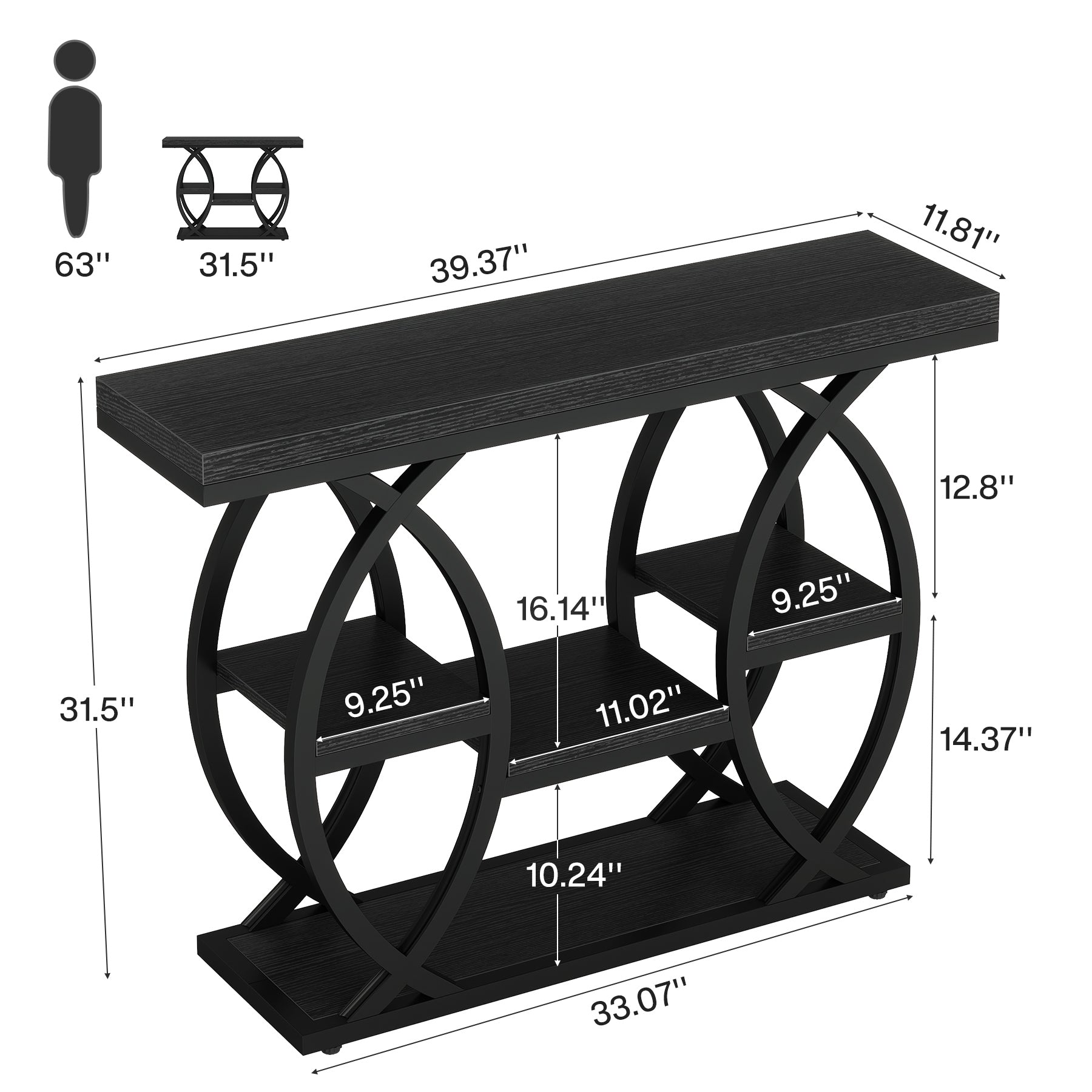 39.4" Console Table, Industrial 4-Tier Sofa Table Entryway Table with Storage Shelves
