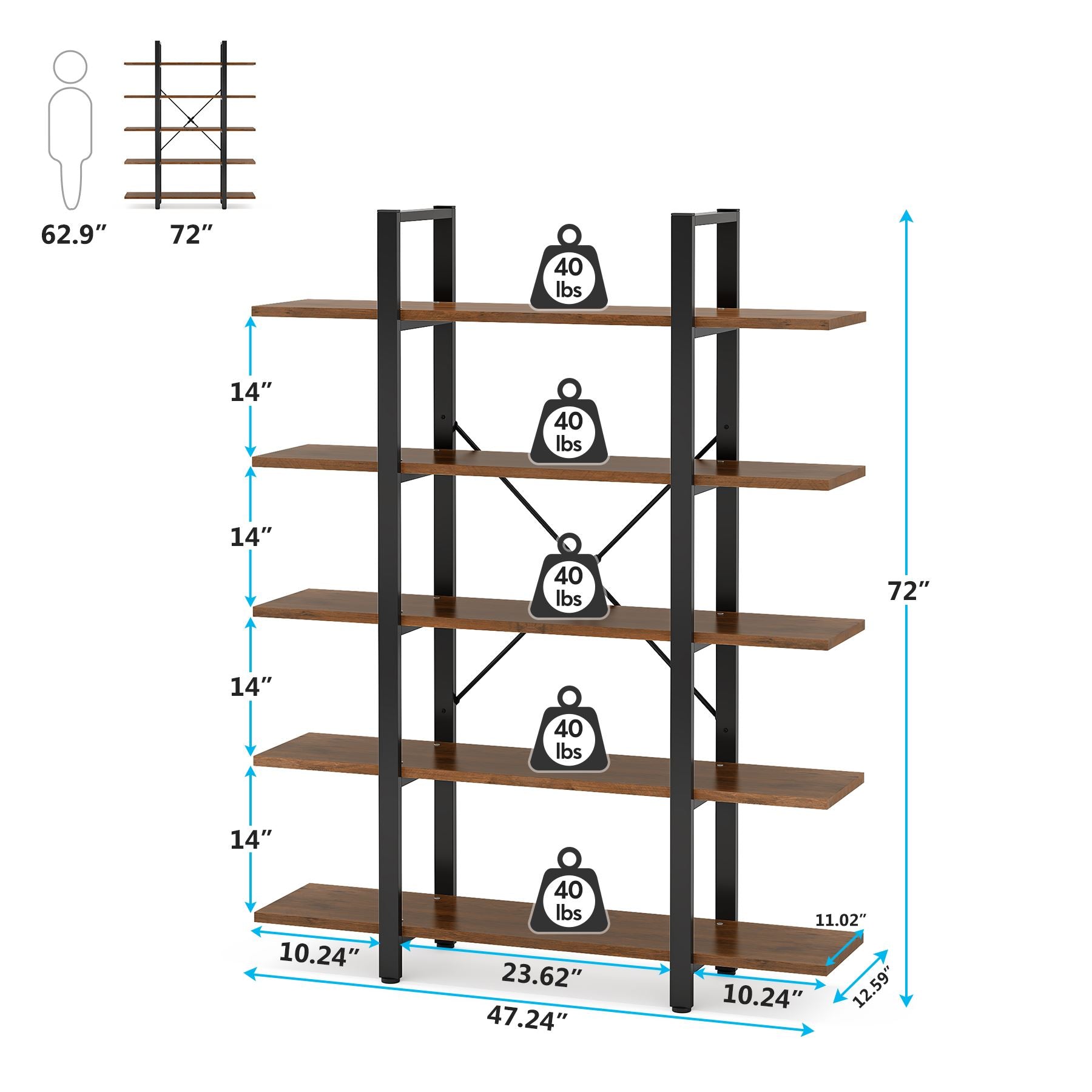 5 - Tier Bookshelf, Open Etagere Bookcase Storage Display Rack Tribesigns