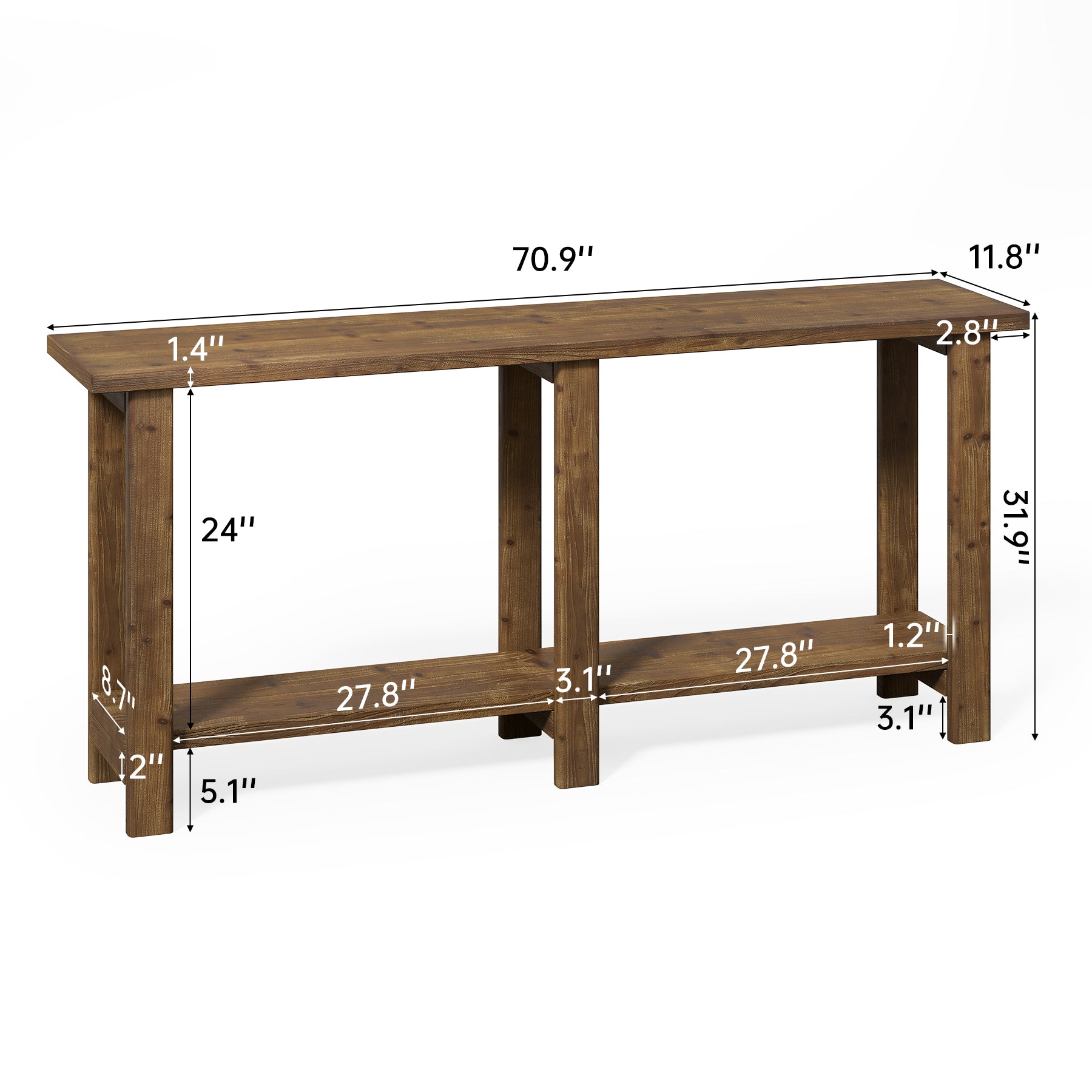 Solid Wood Console Table, 70.9" Sofa Table Behind Couch for Entryway