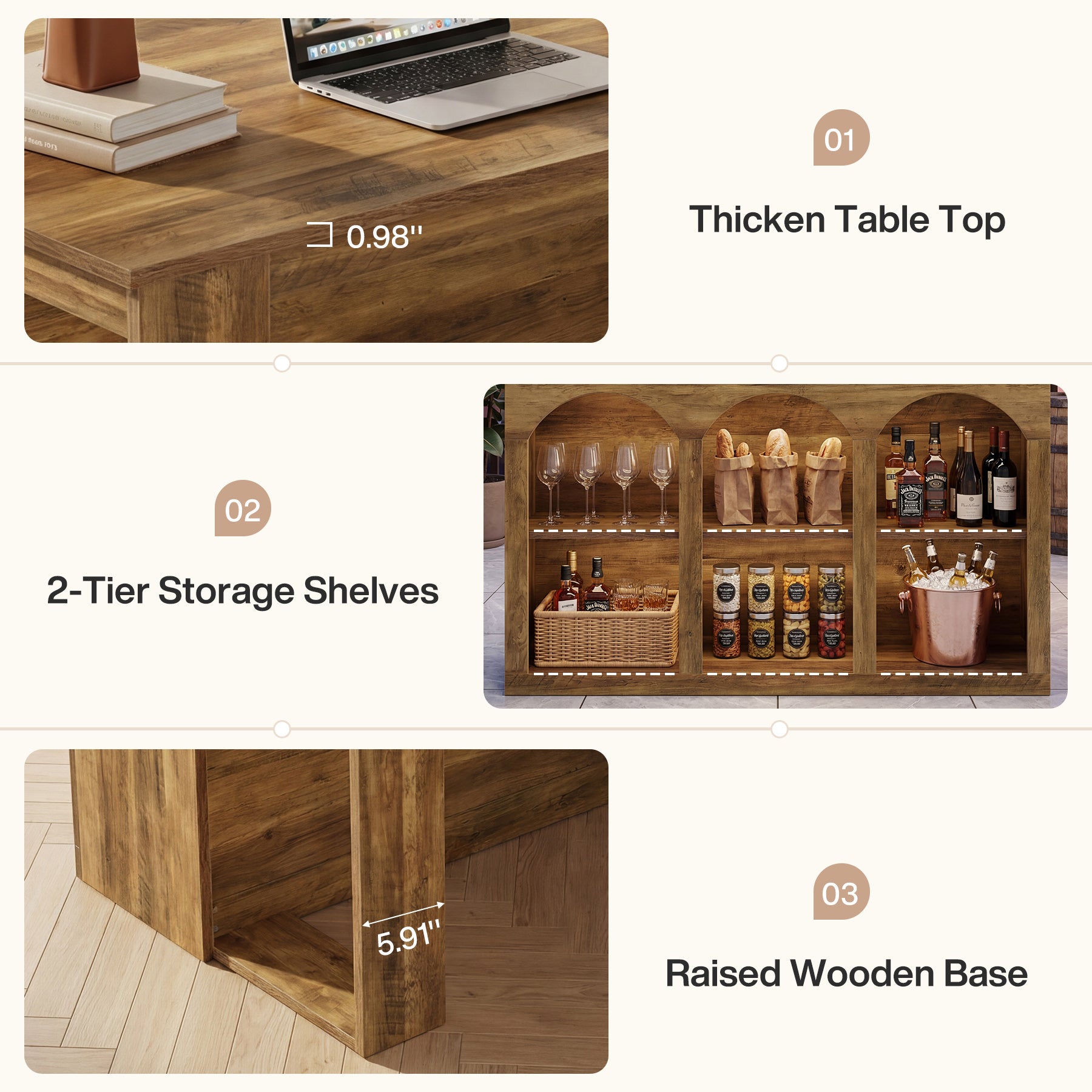 Wooden Kitchen Island, 55" Counter Height Coffee Bar Table with 2-Tier Shelves