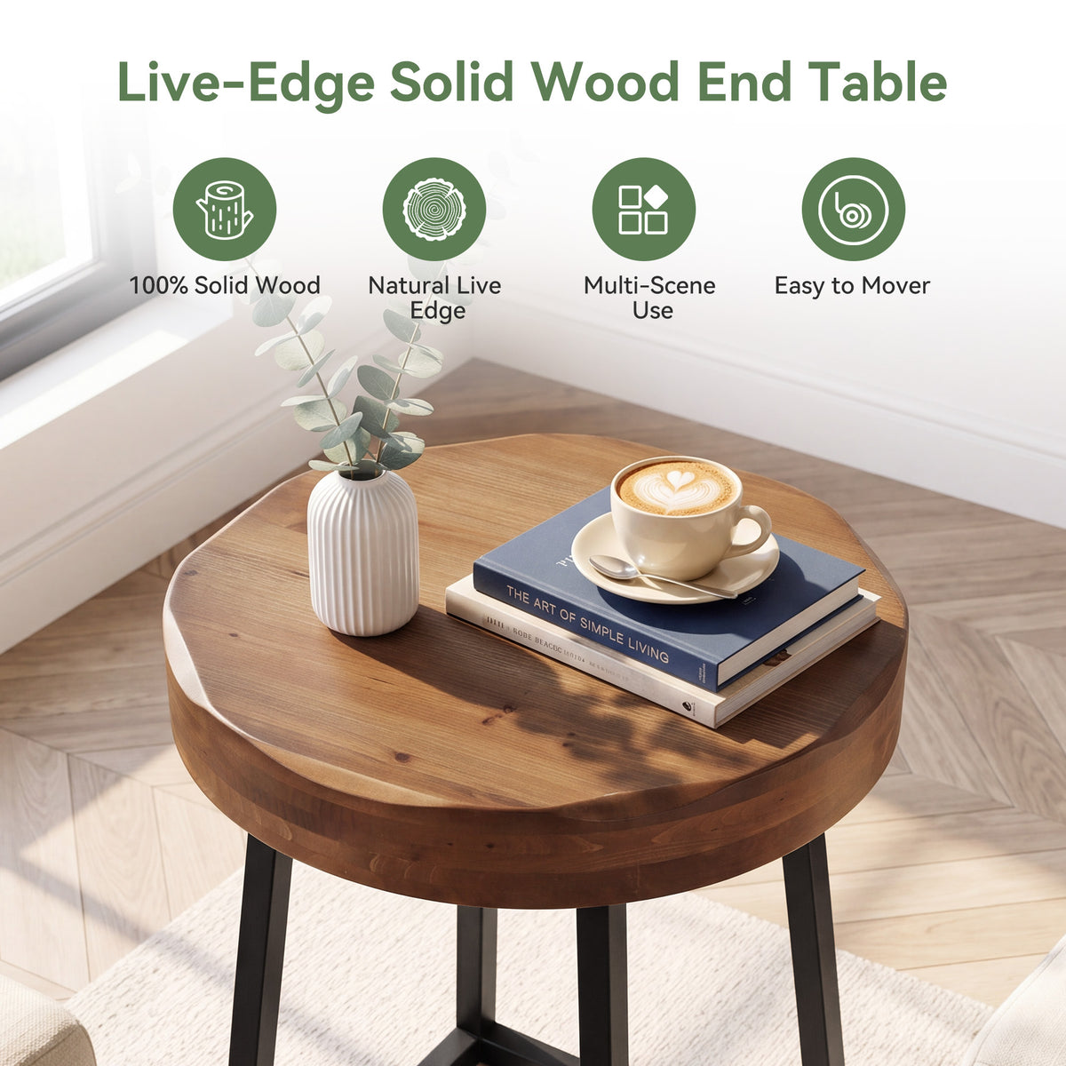 19.69" Solid Wood Round End Table, Live Edge Side Table with Metal Base for Living Room