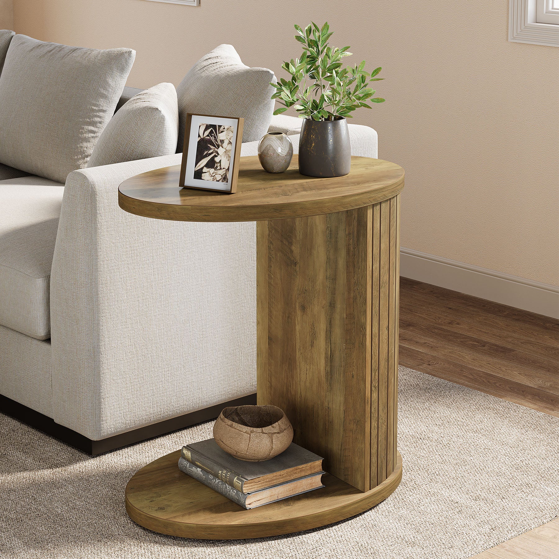 C-Shaped End Table, Fluted Sofa Side Table with Storage Shelf for Small Space