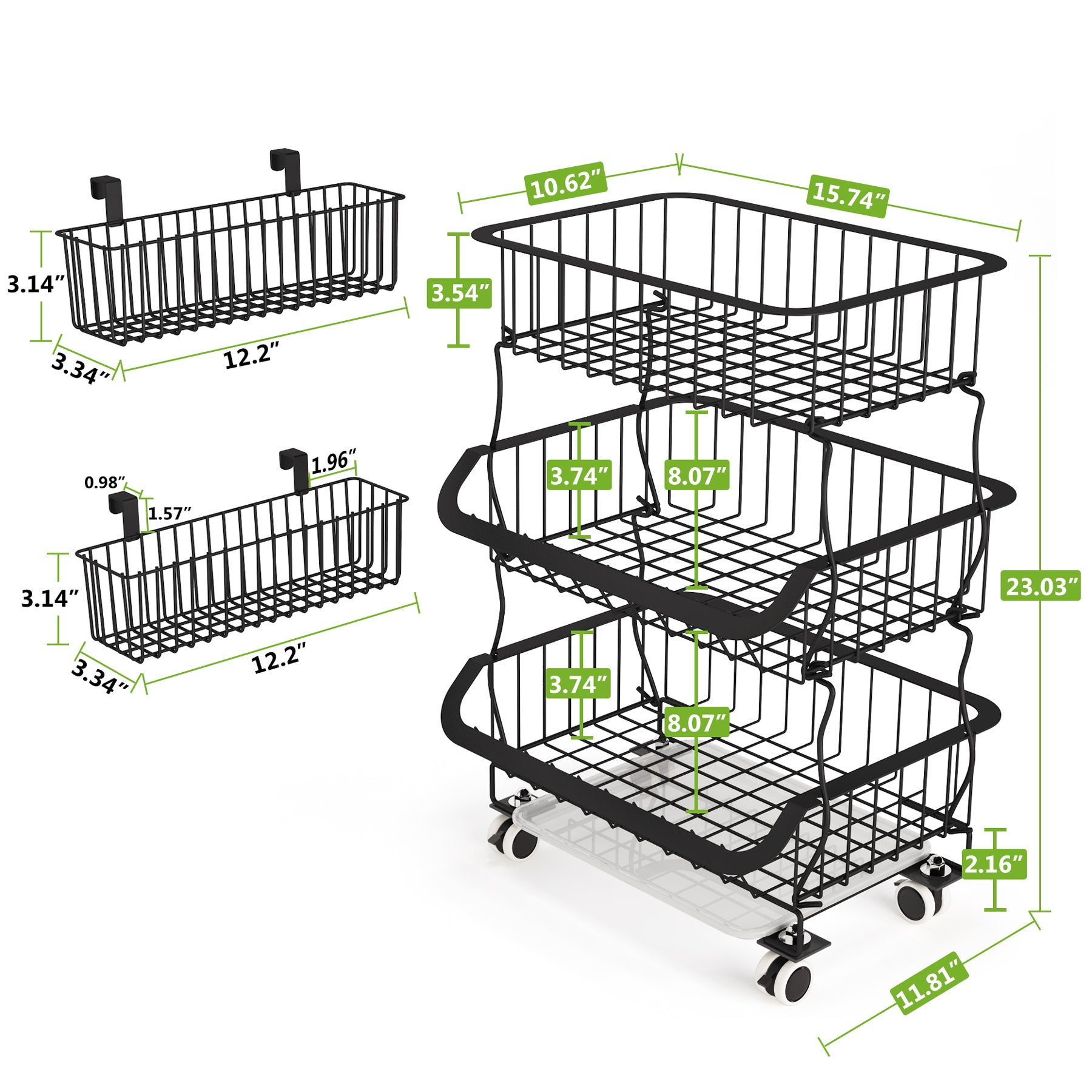 Fruit Basket, 3 Tier Stackable Metal Wire Basket Cart with Rolling Wheels
