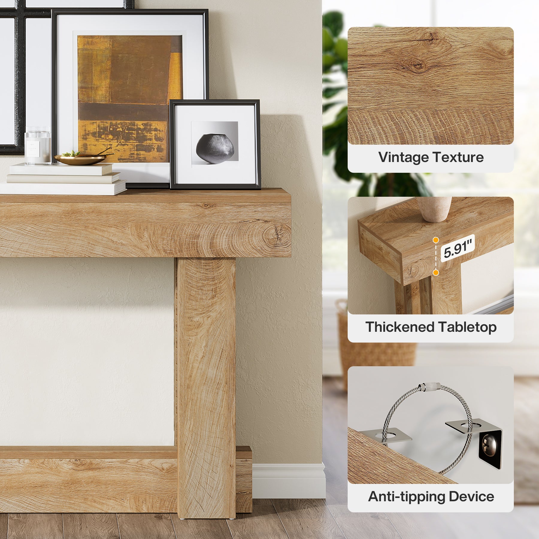 63" Wood Console Table, 2-Tier Farmhouse Entryway Table