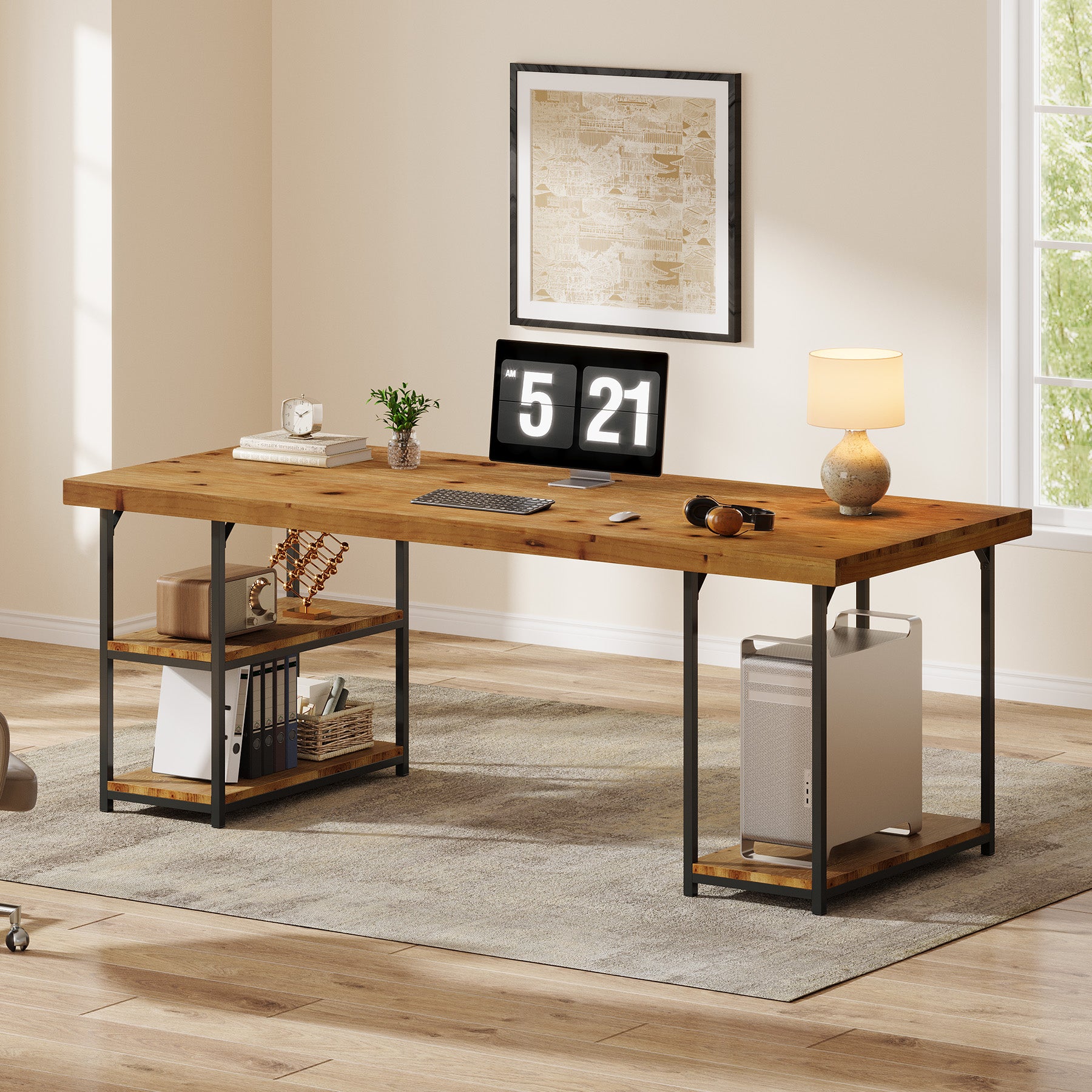 Solid Wood Computer Desk , 71" Home Office Desk with Shelves