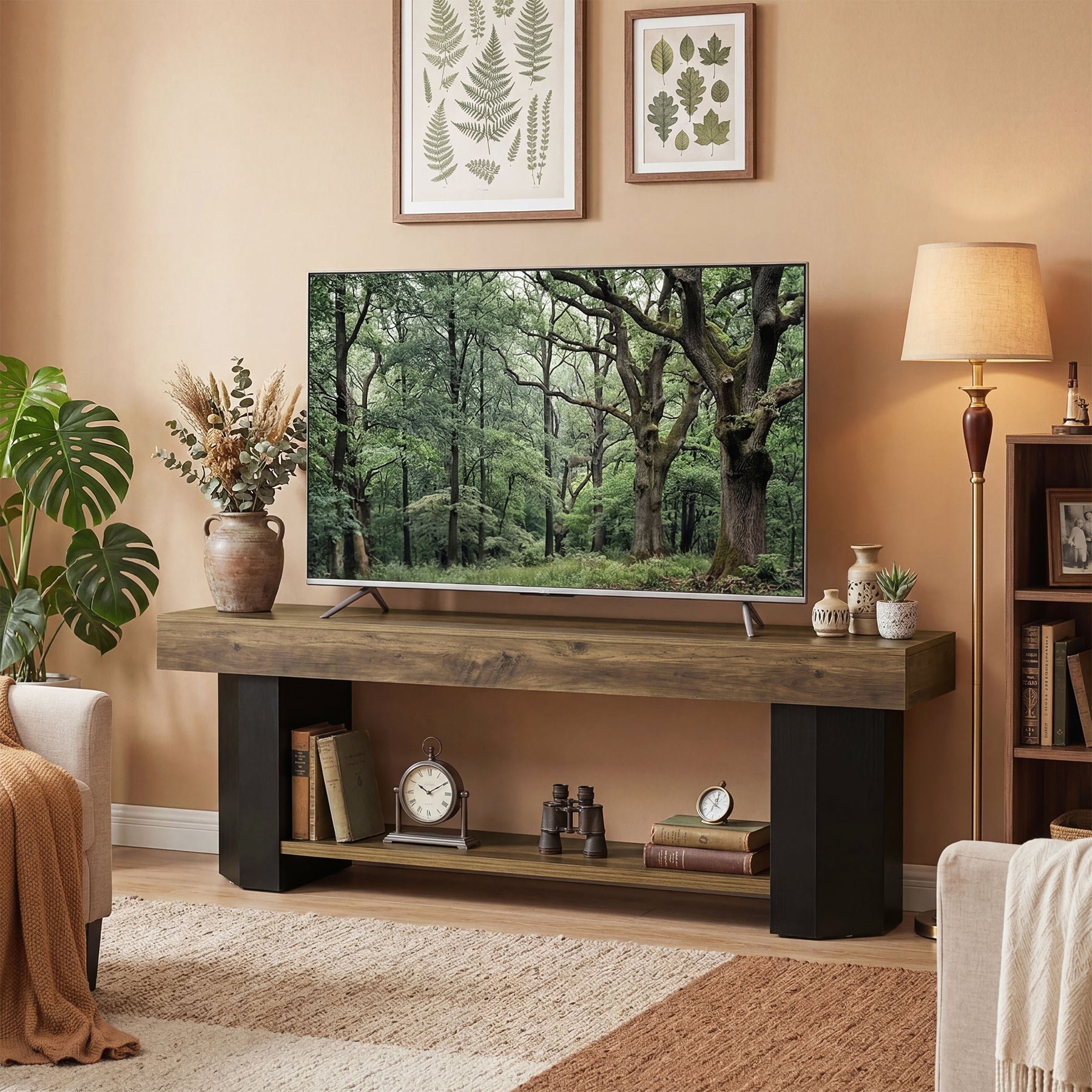 Tribesigns 63" TV Stand, Farmhouse TV Console with Shelf for Living Room