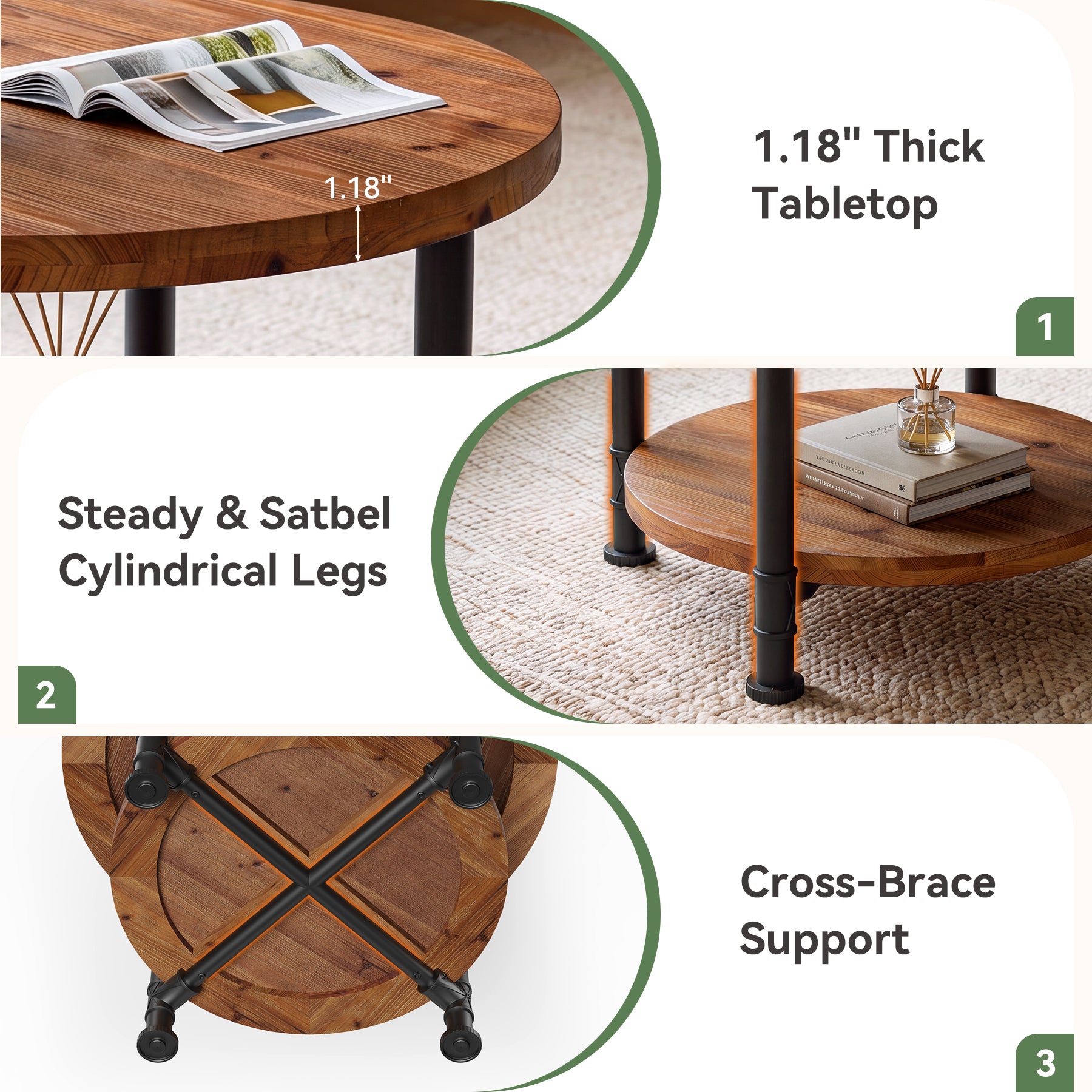 Solid Wood Round Coffee Table, 31.5" Circle Center Table with Storage Shelf & Metal Frame