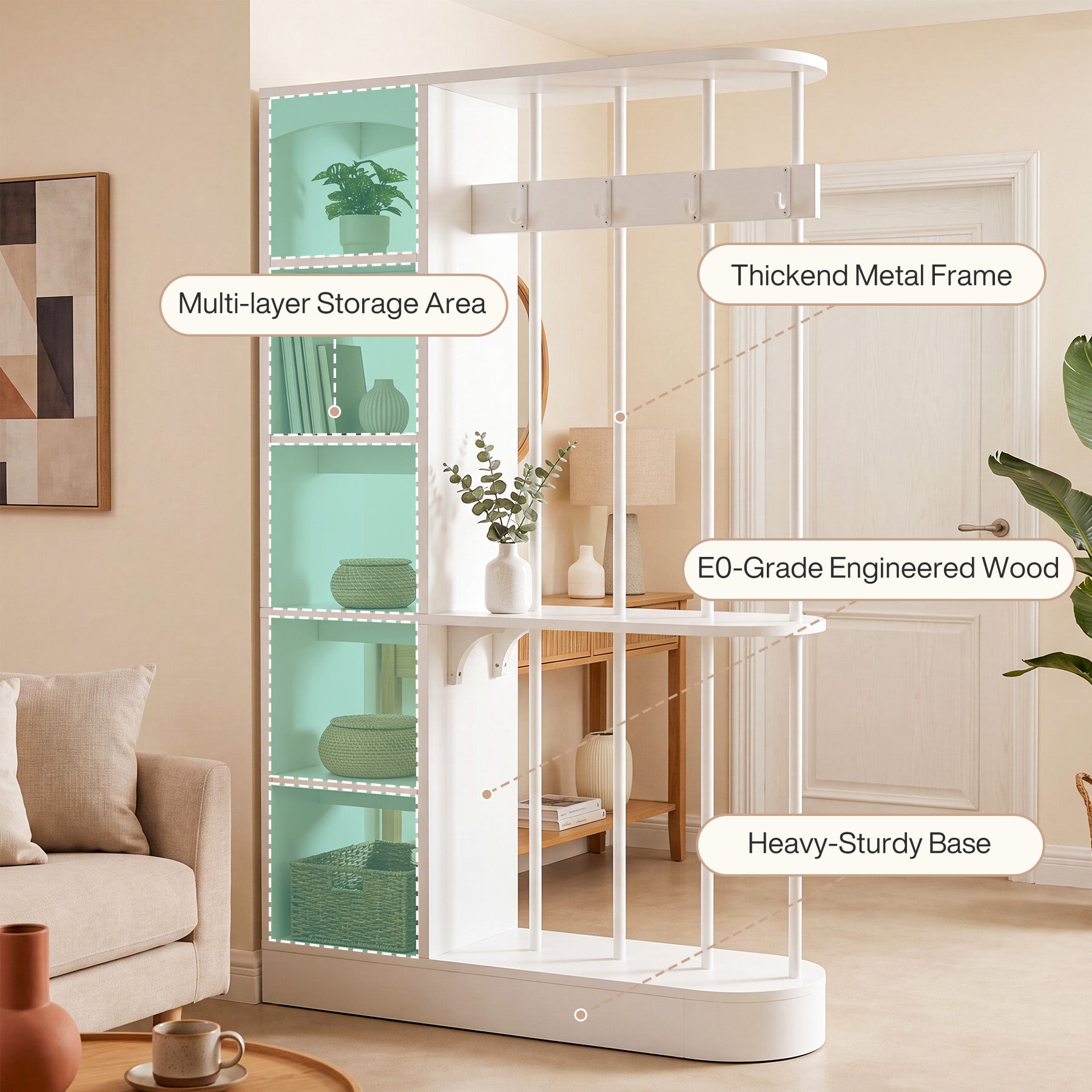 70.9" Wall Room Divider, Modern Wall Partition with Storage Shelves & 4 Hooks