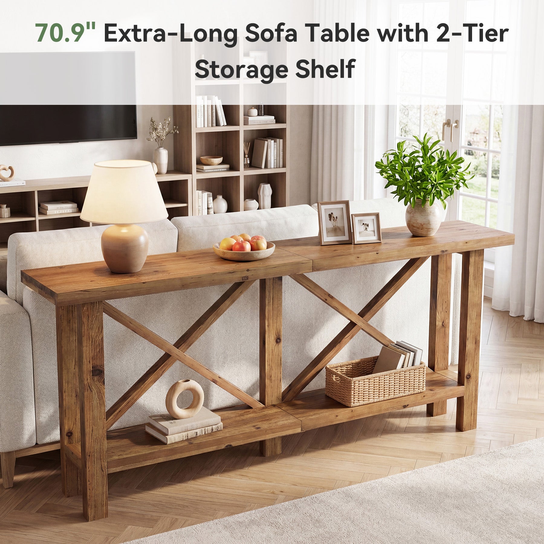 70.87" Solid Wood Console Table with Storage, Farmhouse Narrow Entryway & Sofa Table with X-Frame