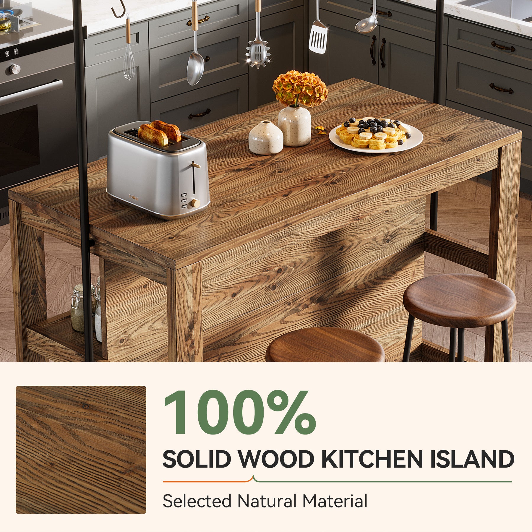 47" Solid Wood Kitchen Island Table with Storage and 5 Hooks