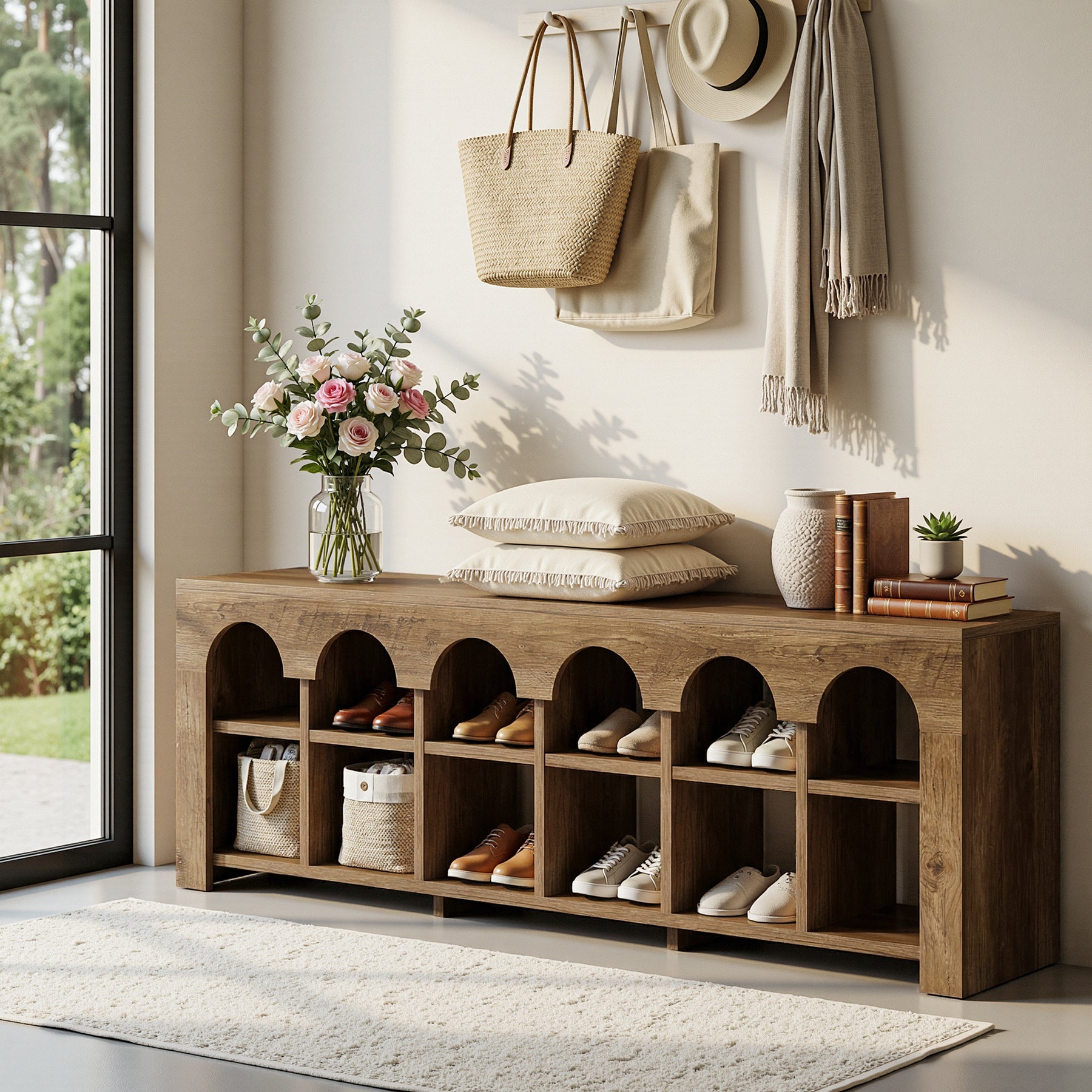 63" Entryway Bench, 2-Tier Narrow Shoe Storage Bench with Arched Cubbies
