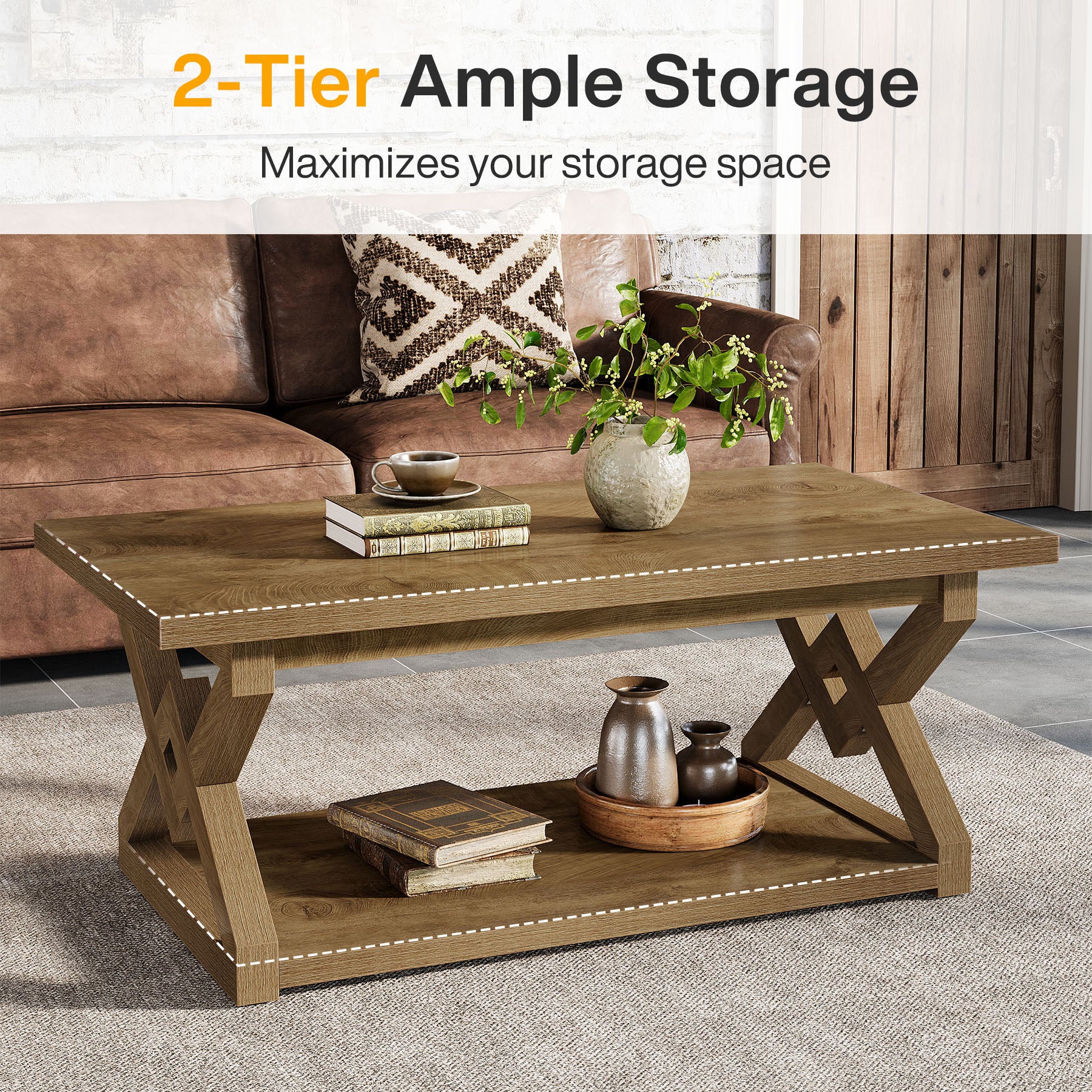 2-Tier Coffee Table, 47.24" Rectangle Center Tea Table with Open Shelves