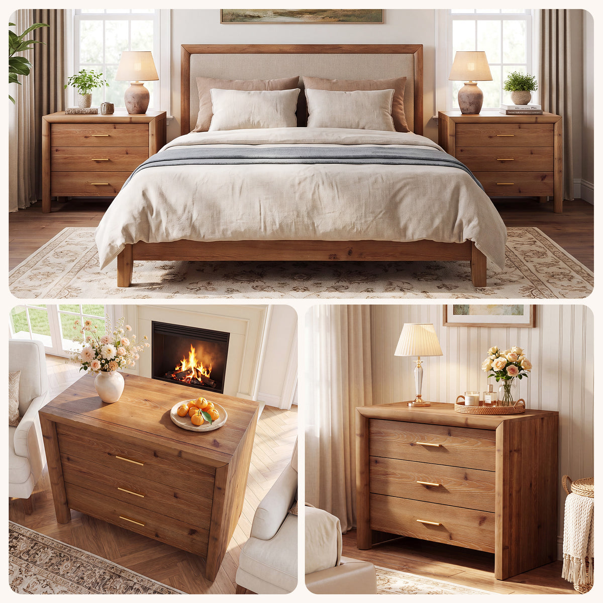 Solid Wood Nightstand with 3 Drawers, 31.5" Oversized Bedside Table for Bedroom