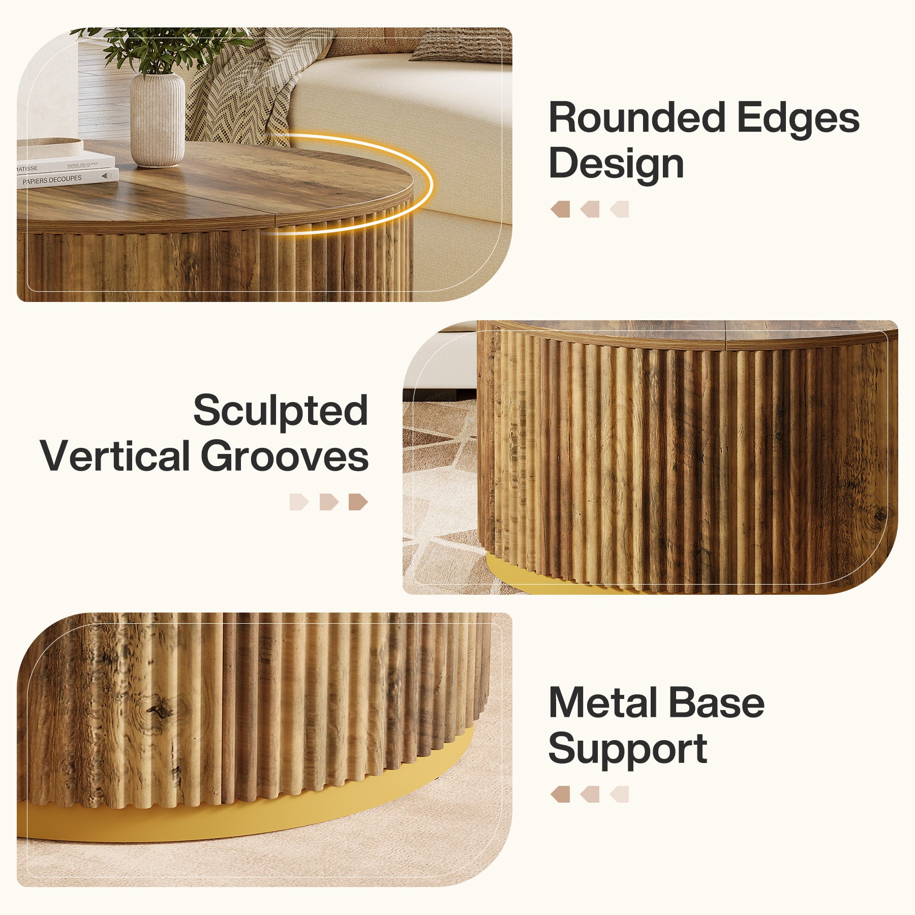 31.5" Round Coffee Table, Fluted Wooden Center Table with Sturdy Drum Base