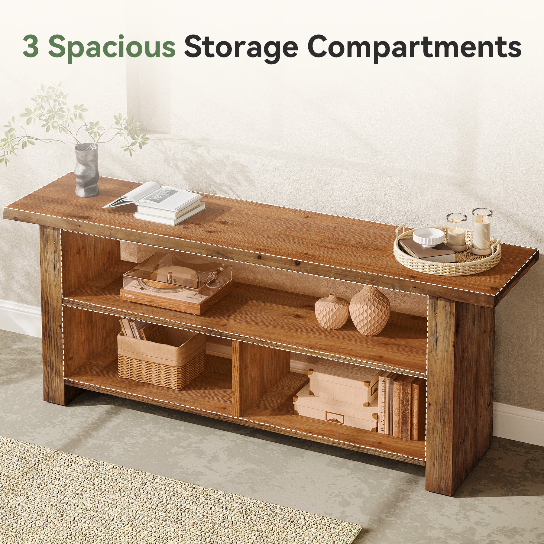 63" Solid Wood TV Stand for Up to 75 Inch TVs, Farmhouse Media Console with Open Storage Shelves