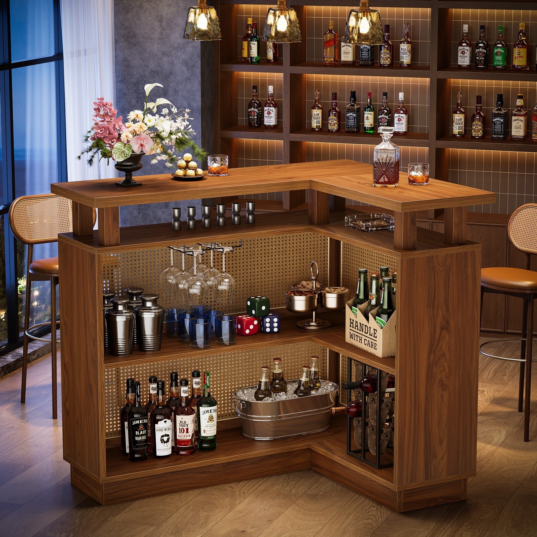 L-Shaped Home Bar Unit, Rattan Bar Table Liquor Cabinet with 4-Tier Storage Shelf