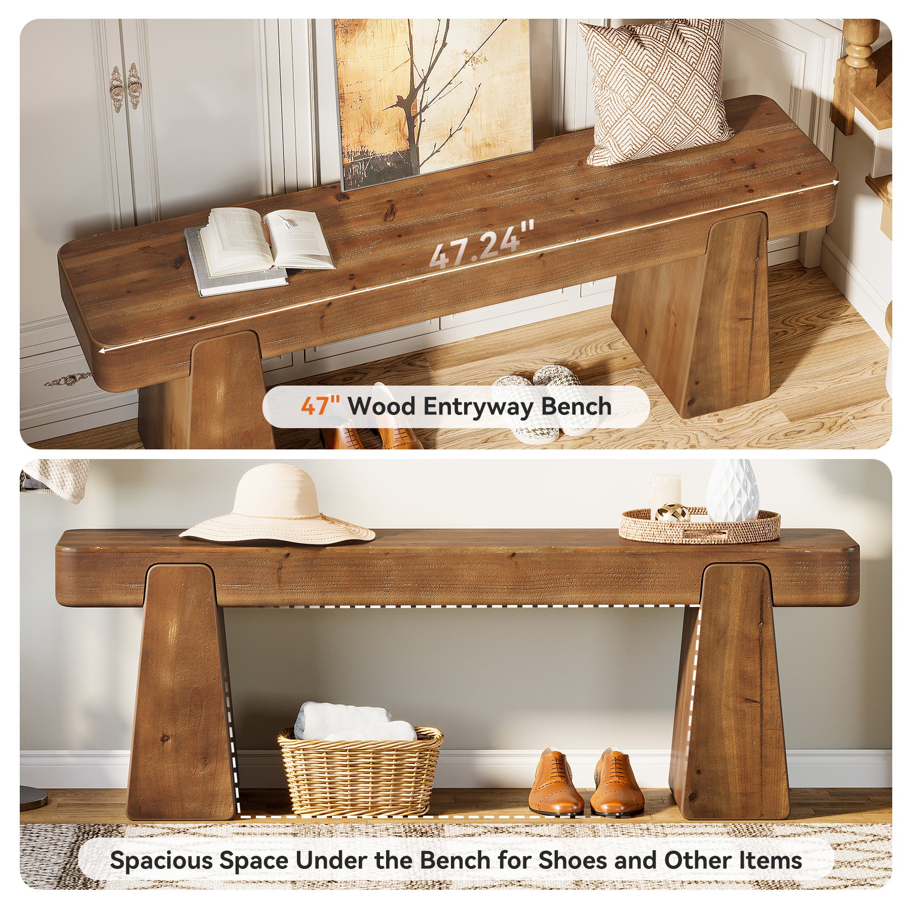 47" Solid Wood Entryway Bench, Farmhouse Shoe Bench with Thickened Legs