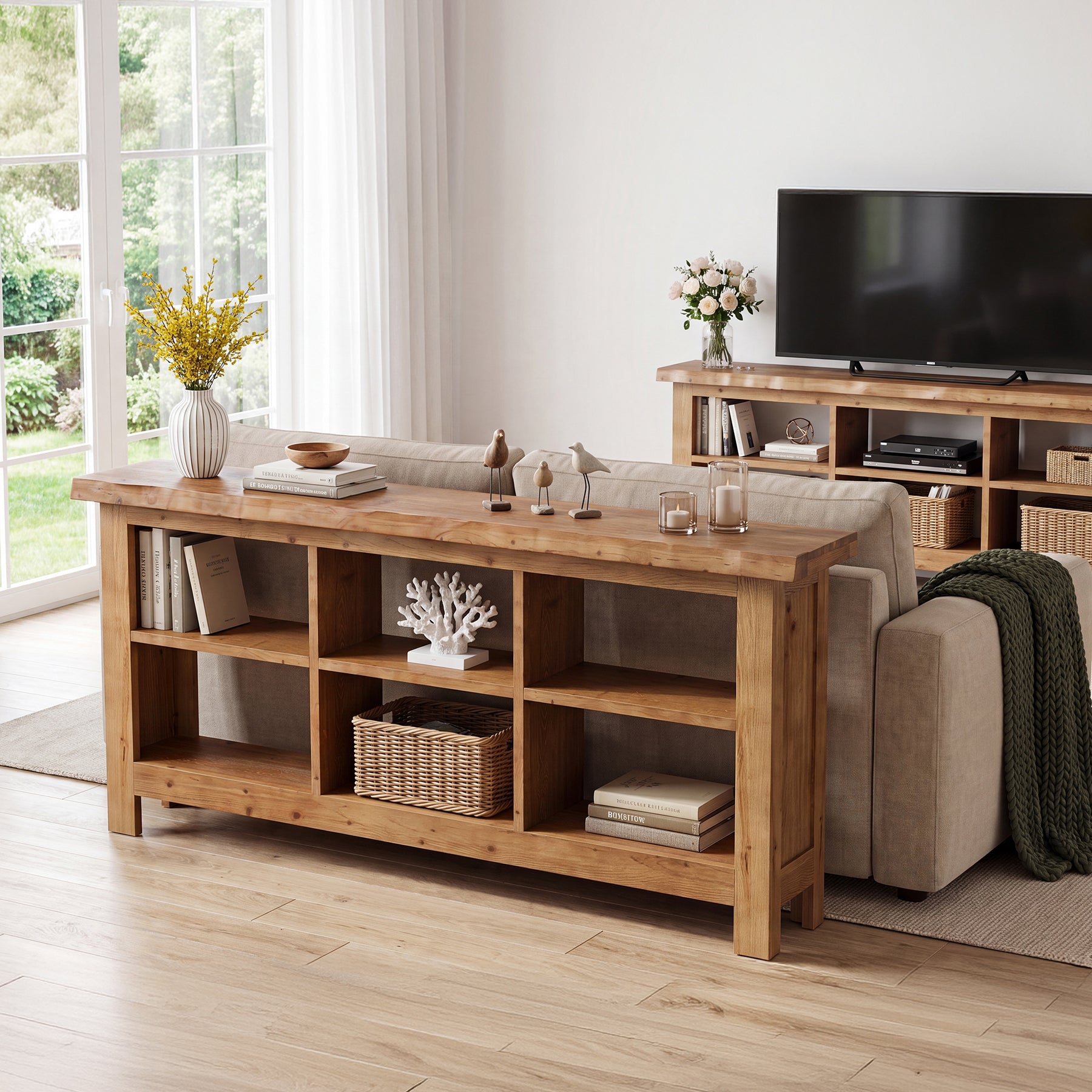 70.8" Long Console Table, 3-Tier Solid Wood Entryway Table with 6 Cubes Shelf