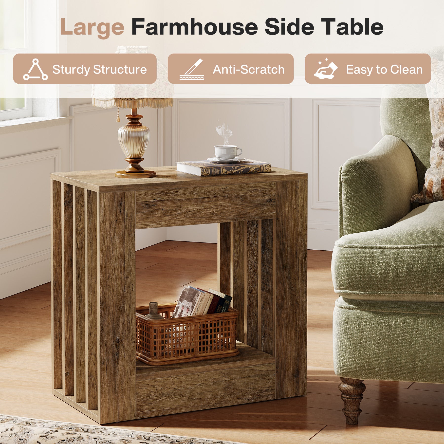 23.62" Farmhouse Narrow End Table, Rustic Square Nightstand with Storage Shelf