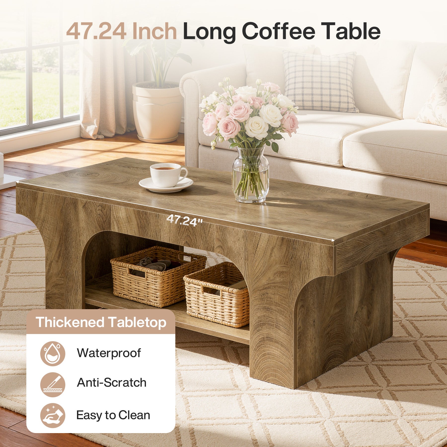 Tribesigns 47.24" Coffee Table, 2-Tier Farmhouse Center Table for Living Room