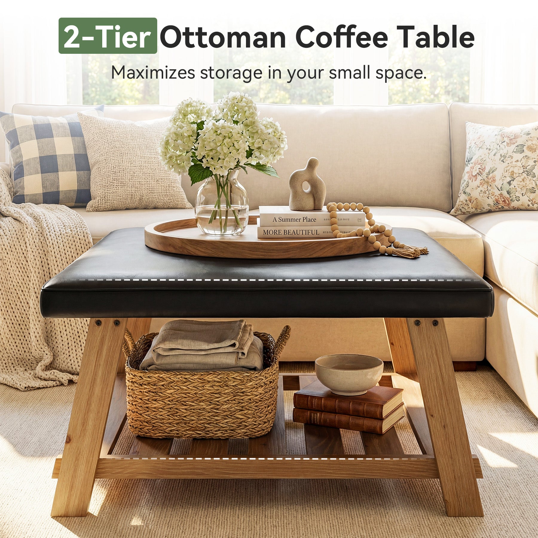 31.5" Square Ottoman Coffee Table with Storage Shelf
