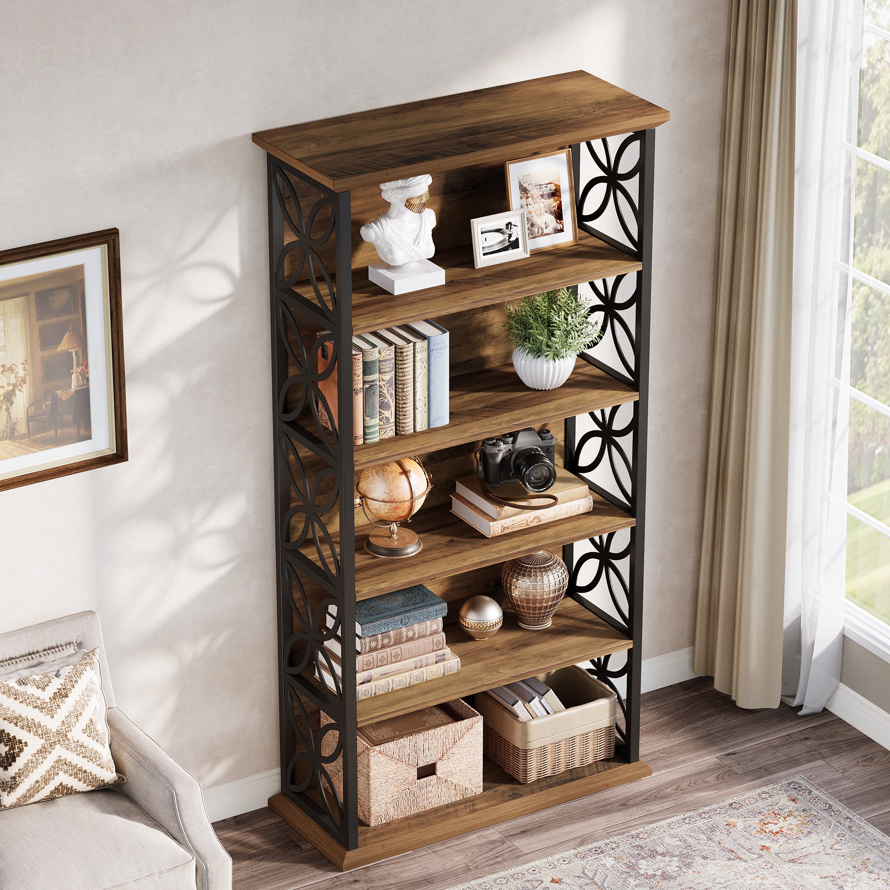 6 - Tier Bookshelf, 71" Industrial Bookcase Displaying Rack with Metal Frame Tribesigns