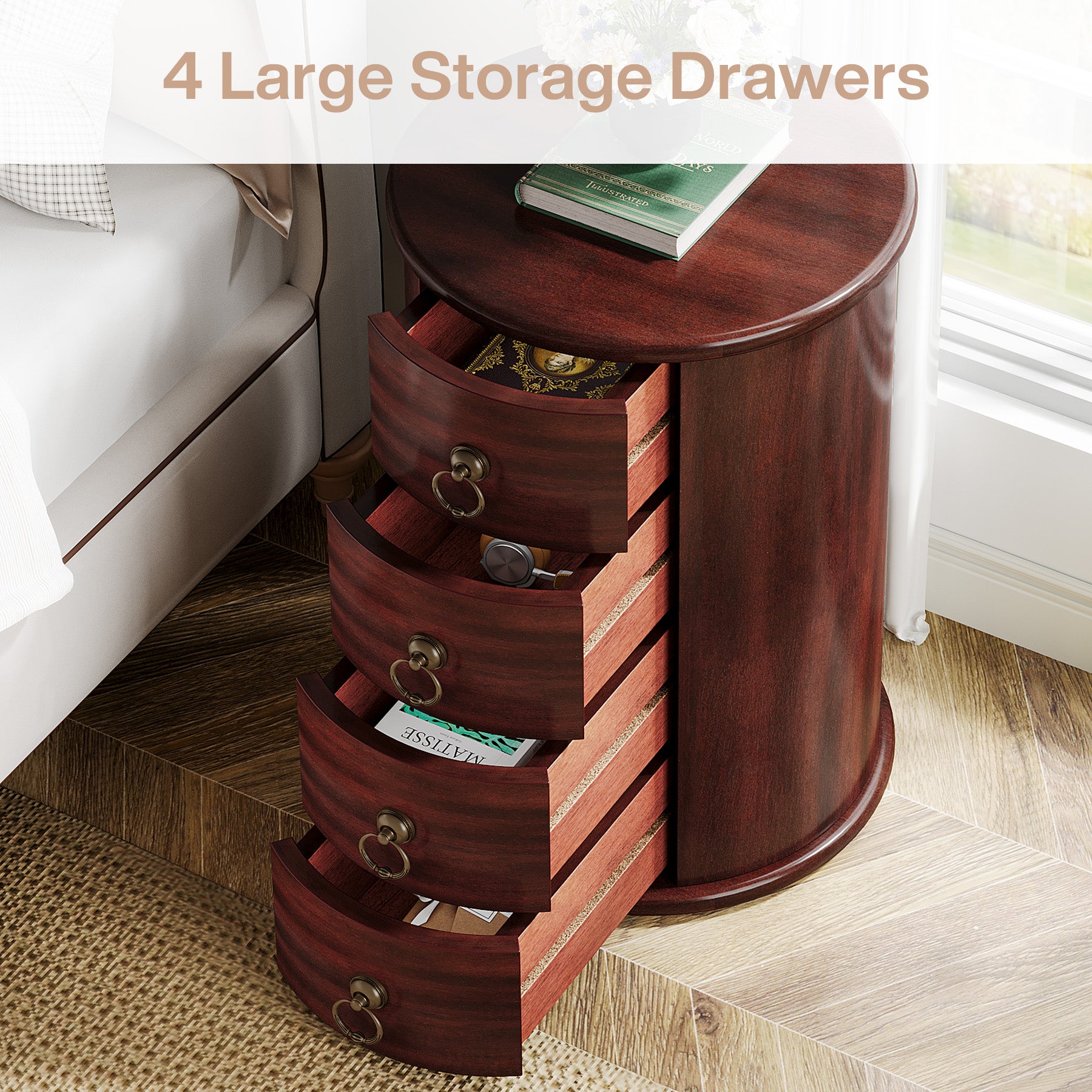 Wood Nightstand, Round Bedside Table with 4 Drawers(No Assembly Required)