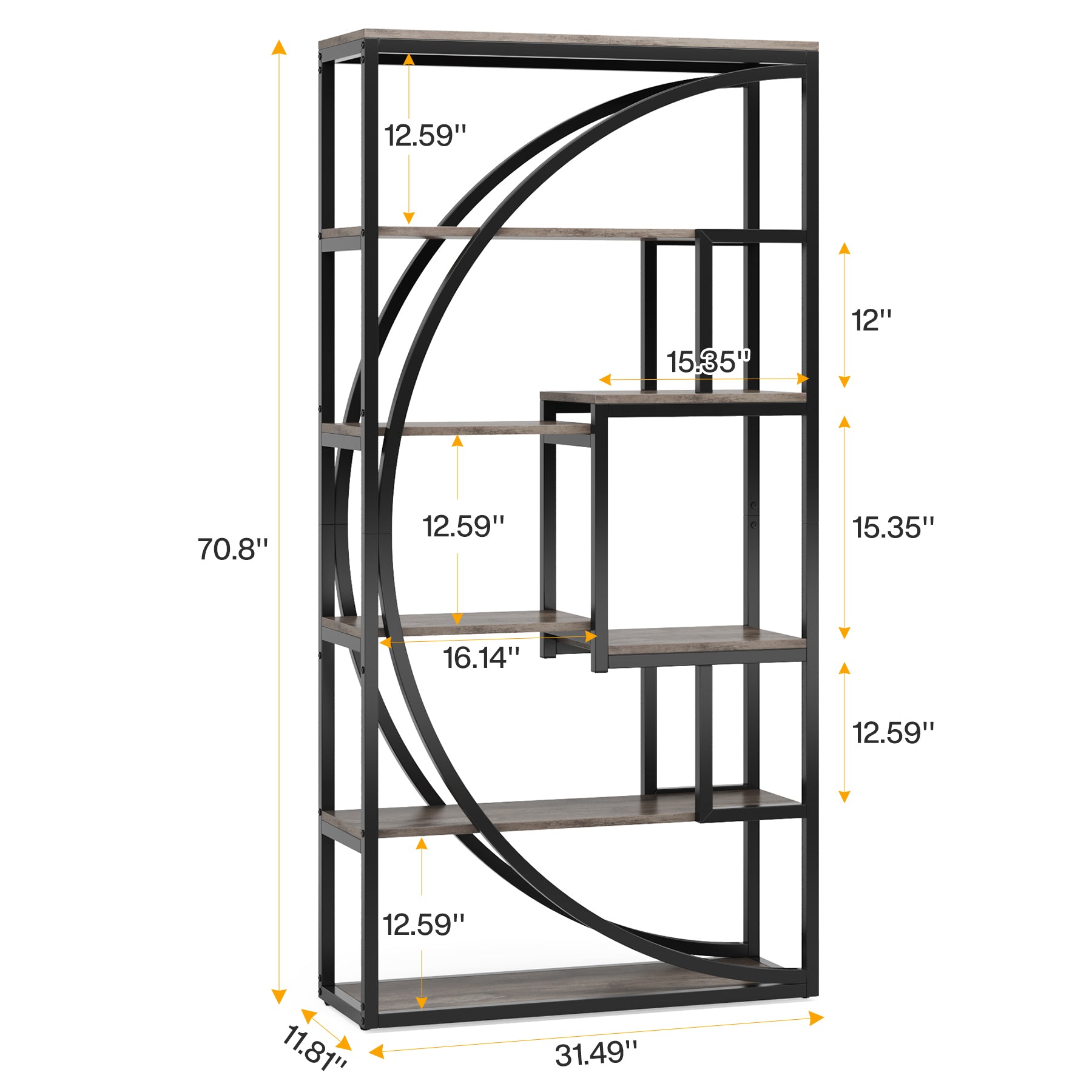 70.8” Tall Modern Geometric Bookcase, 5-Tier Etagere with 8 Open Shelves