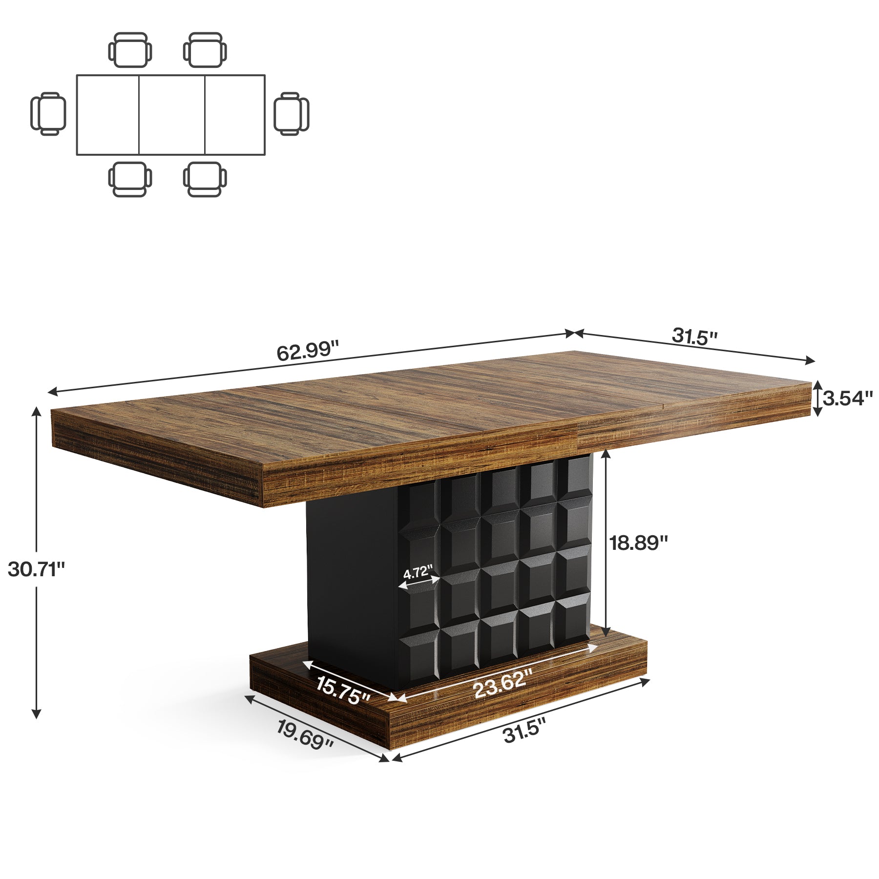 63" Dining Table, Rectangular Kitchen Table with Geometric Relief for 4-6