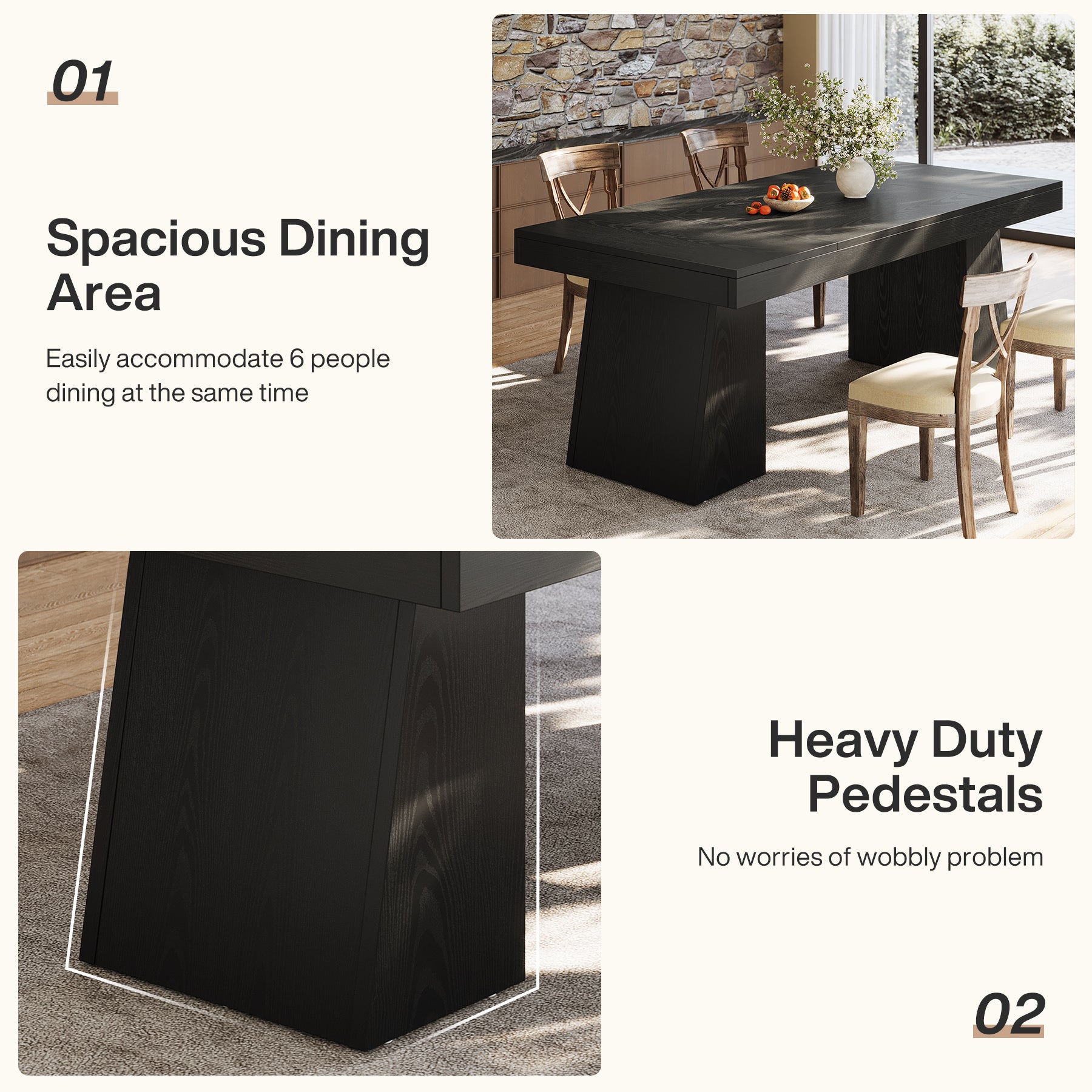 55 Inch Farmhouse Double Pedestal Dining Table, Rectangular Table for 4-6 in Small Spaces