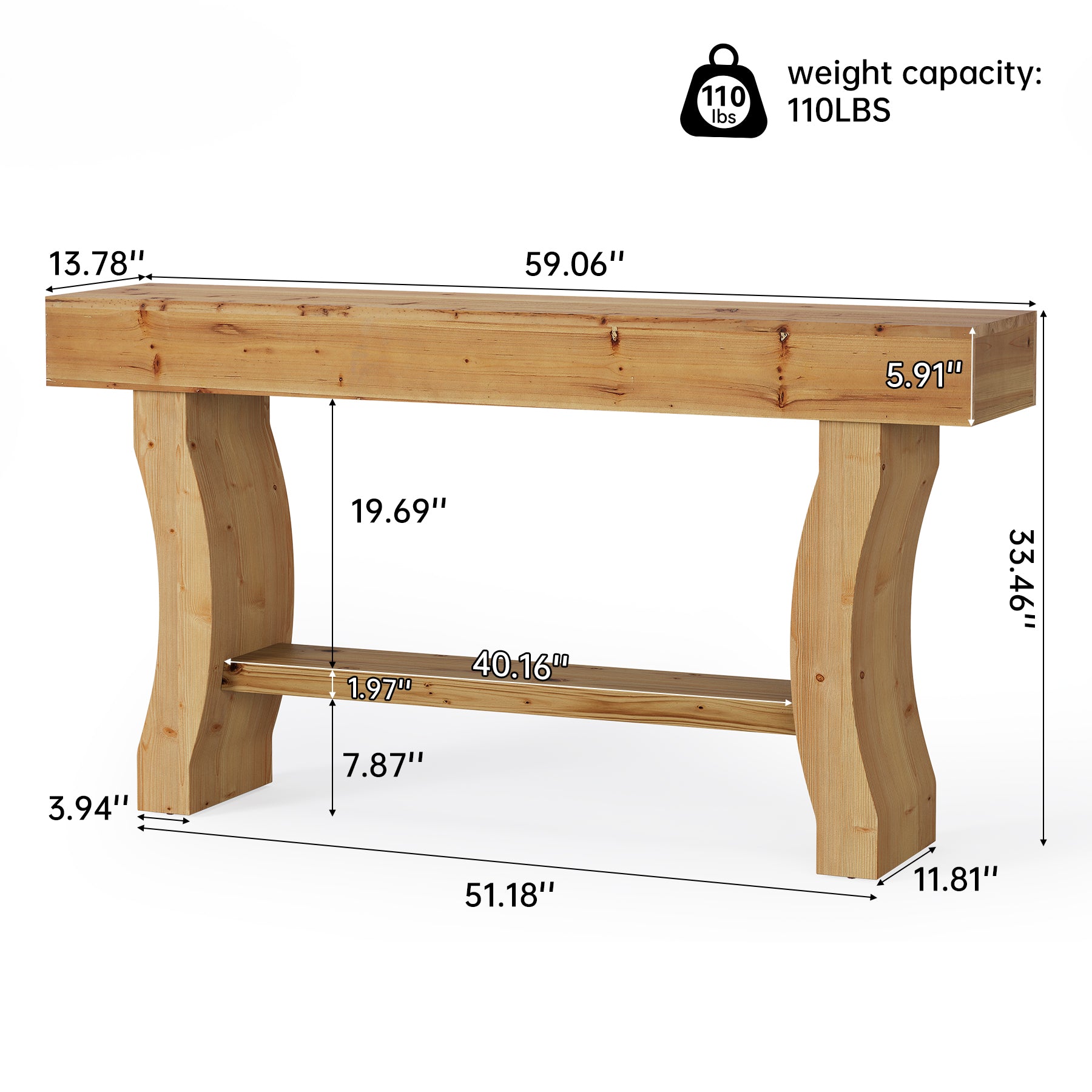 Solid Wood Console Table, 59" Sofa Table with Stable Curved Legs