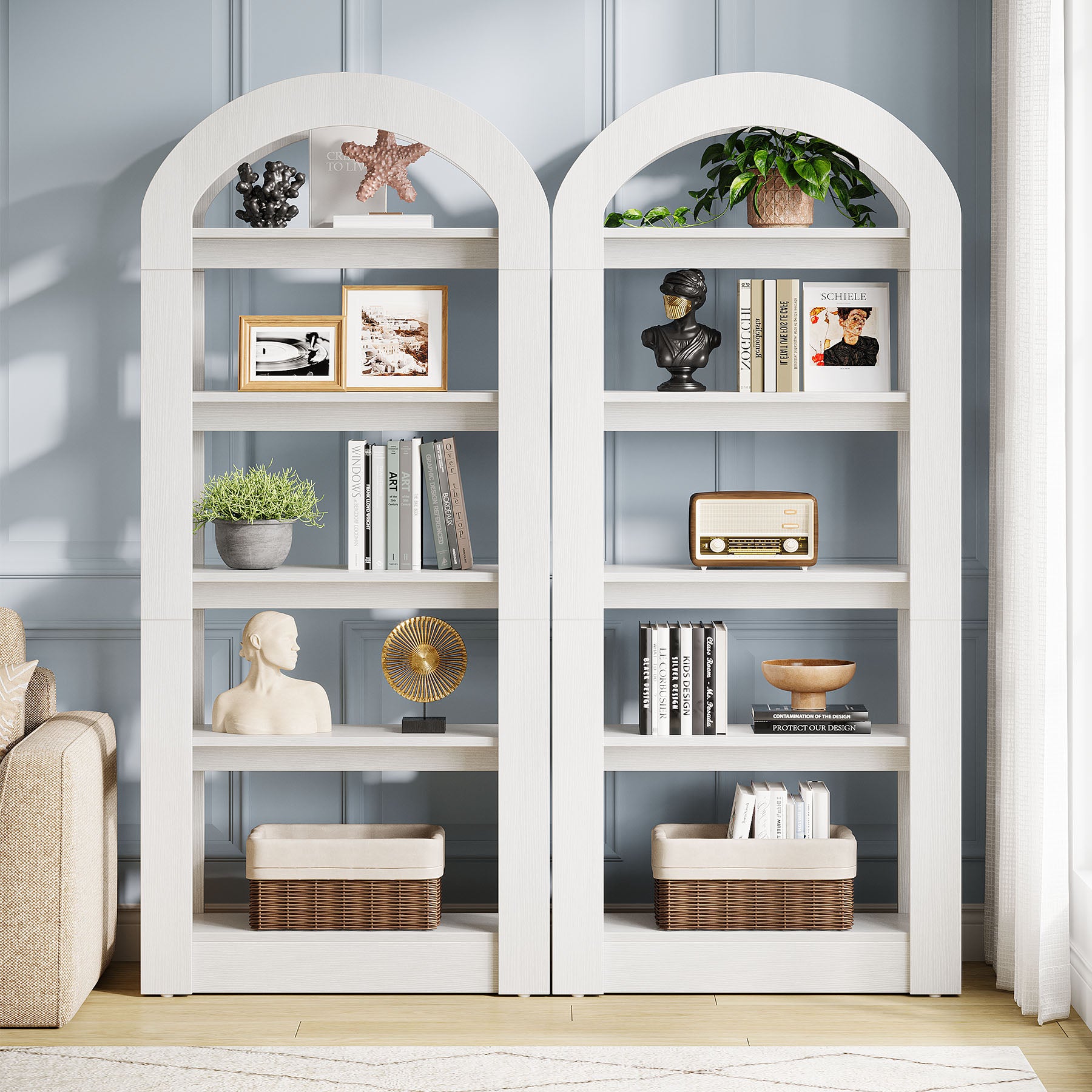 5-Tier Wooden Bookshelf with Arched Top, Tall Display Bookcase Shelf