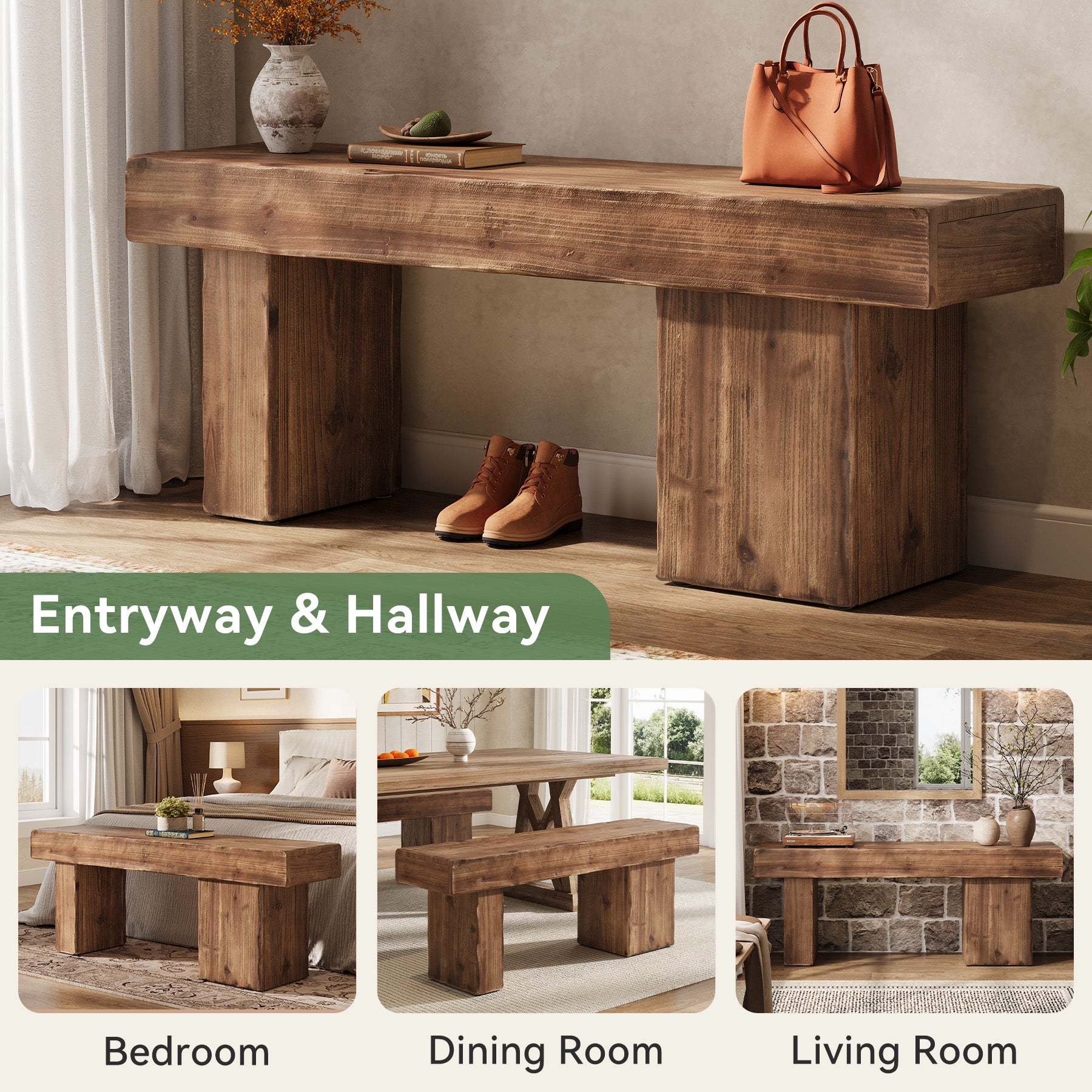 Solid Wood Bench, 47" Farmhouse Entryway Bench with Artistic Legs